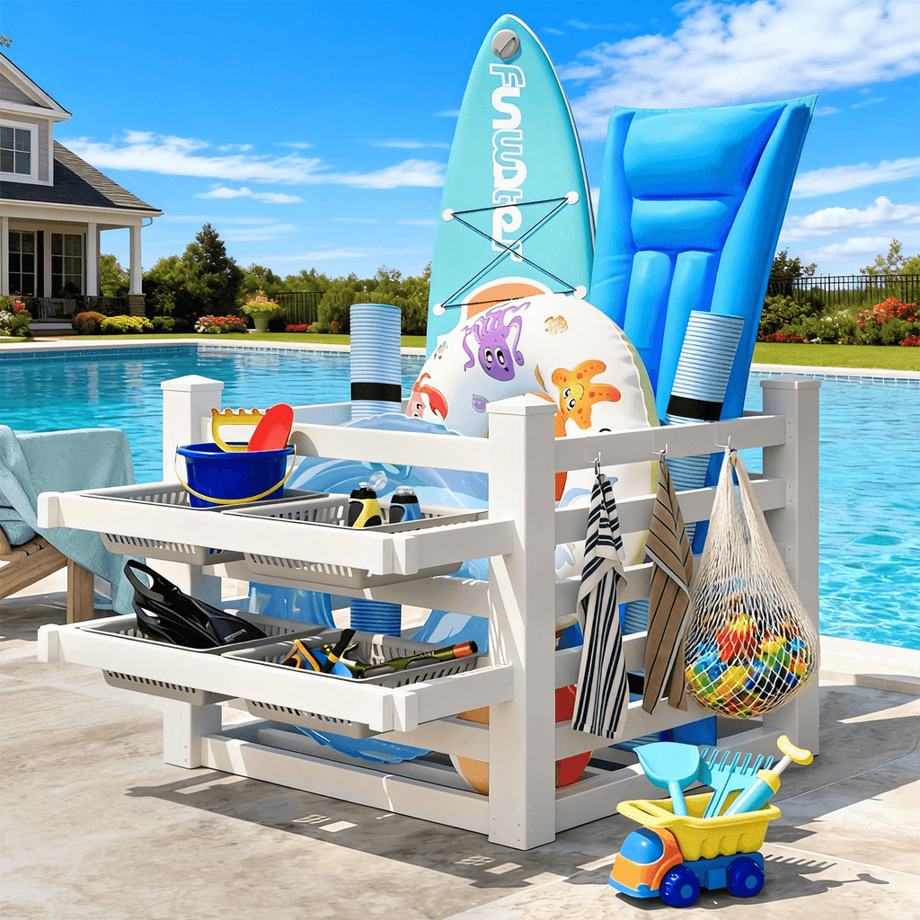 HOMREST 64" W x 46" L x 38" H Pool Storage Organizer with Hooks, Waterproof Float Storage Bin, White