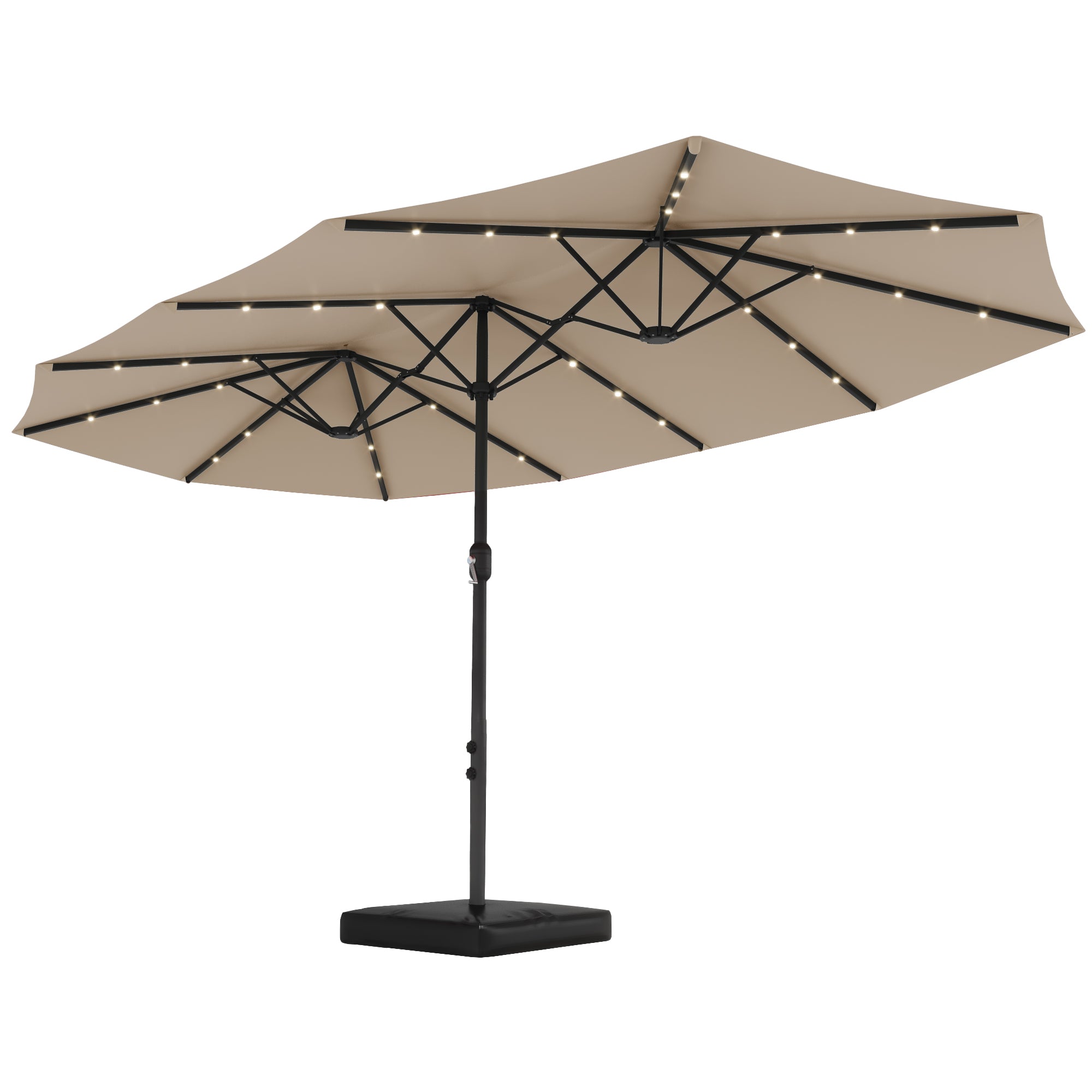 HOMREST 15ft Large Double-Sided Patio Umbrella with Solar LED Lights, Outdoor Crank System, and Base – Perfect for Garden, Deck, Poolside, Beige