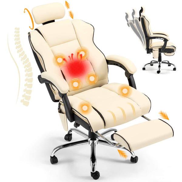 6-Point Massage Office Chair with Footrest, Ergonomic Gaming Chair Beige