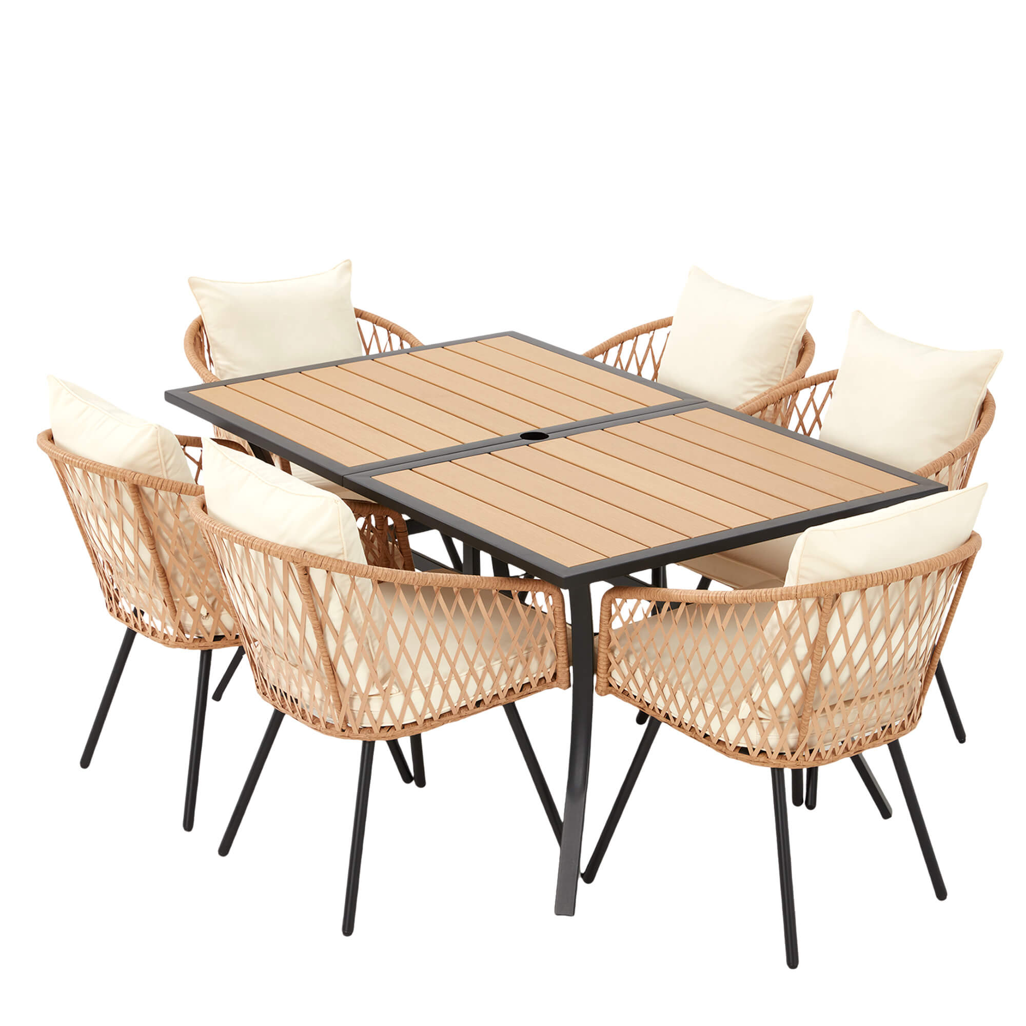 HOMREST 7-Piece Outdoor Dining Set – Rectangular Table with Umbrella Hole & 6 Rattan Chairs, Beige