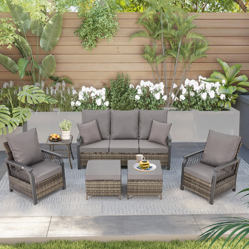 HOMREST 6 piece outdoor rattan furniture set with sofa, air chair, footstool and side table, Grey