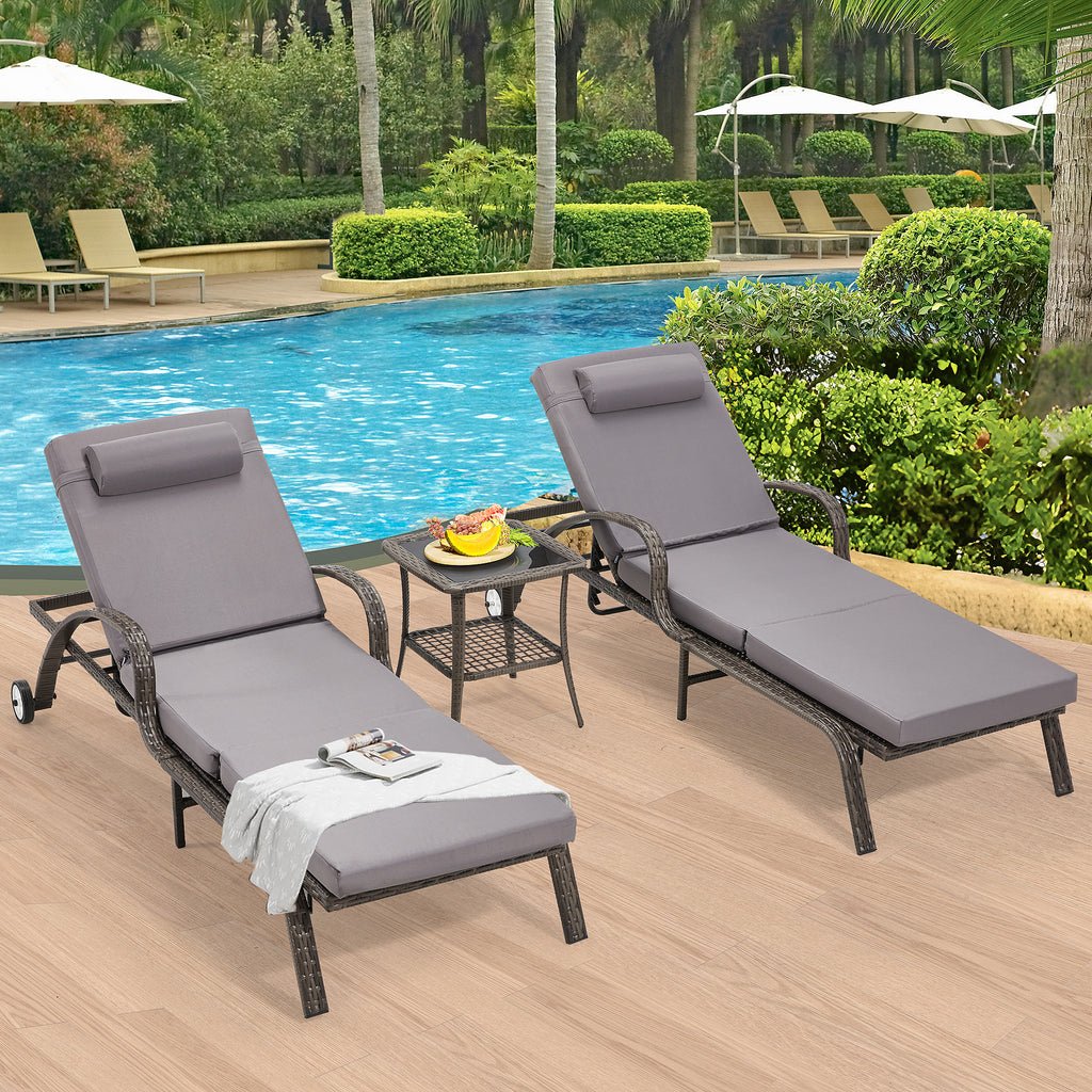 HOMREST 3-Piece Outdoor Chaise Lounge Set with 2 Adjustable Chairs, Storage Table, Splash-Proof Design, and Smooth Wheels for Poolside & Beach Relaxation（Grey)