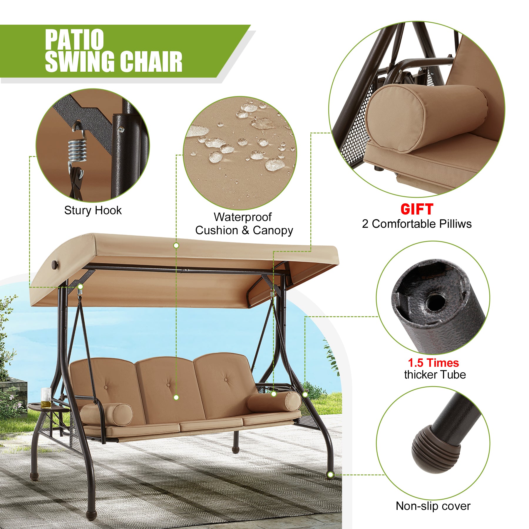 Homrest 3-Seat Outdoor Porch Swing with Adjustable Canopy and Backrest, Brown 