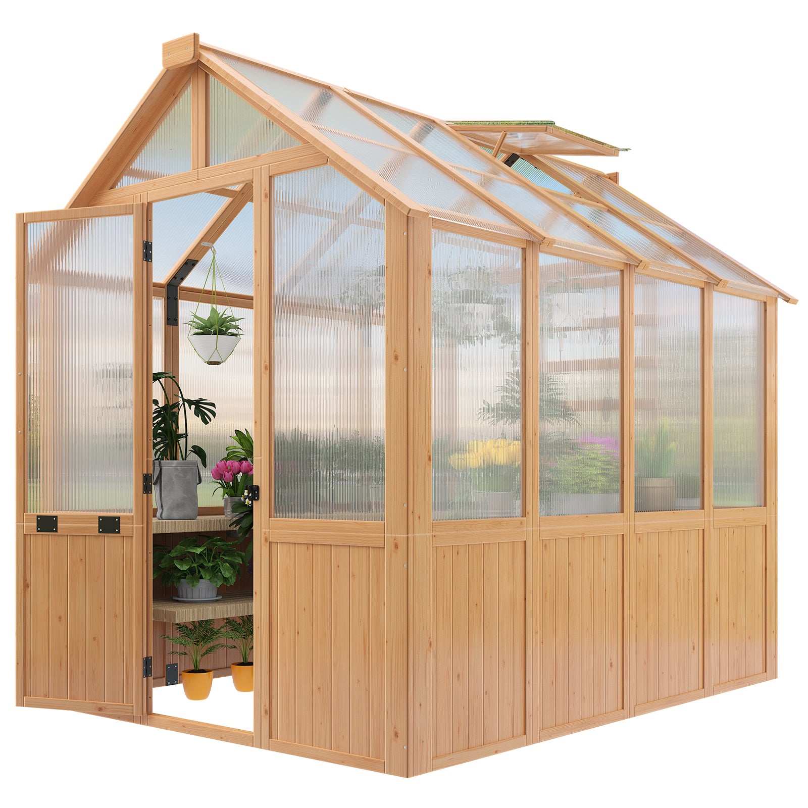 HOMREST 6x8 FT Wooden Greenhouse for Outdoors, Walk-in Greenhouse Kit with 4mm Polycarbonate Panels, Adjustable Roof Vent, Lockable Door, Outdoor Greenhouse for Backyard Garden