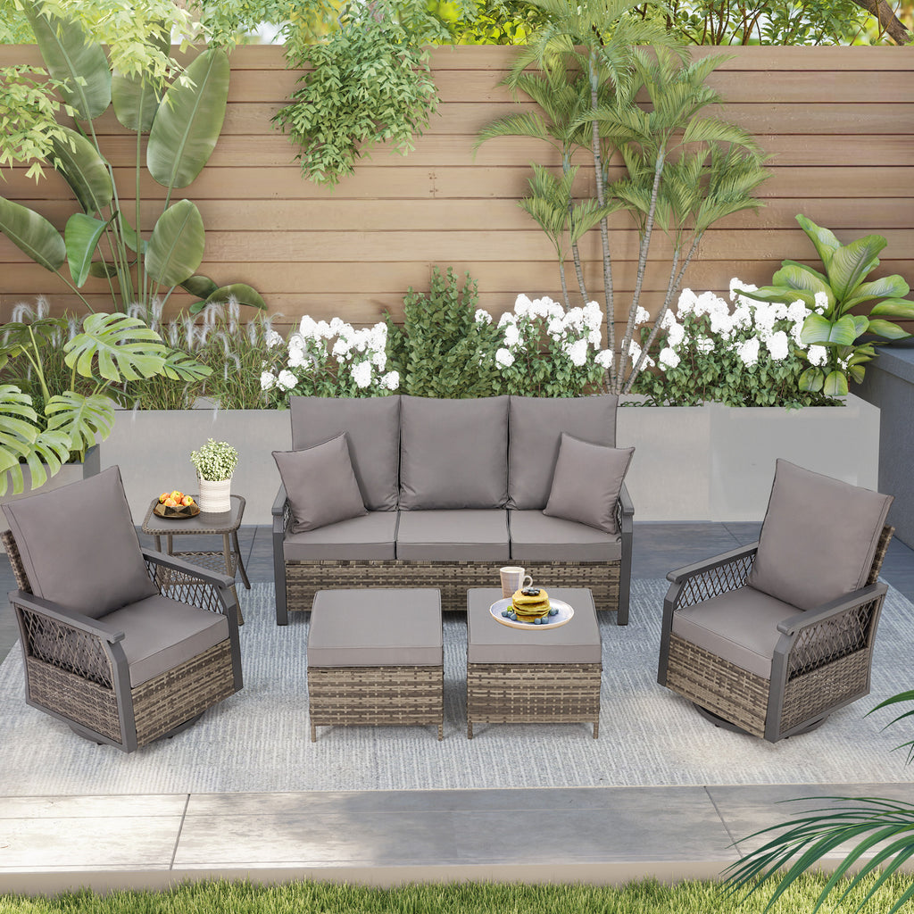 HOMREST 6-Piece Patio Set with Sofa, Swivel Rocking Chairs, Ottoman & Side Table, Grey