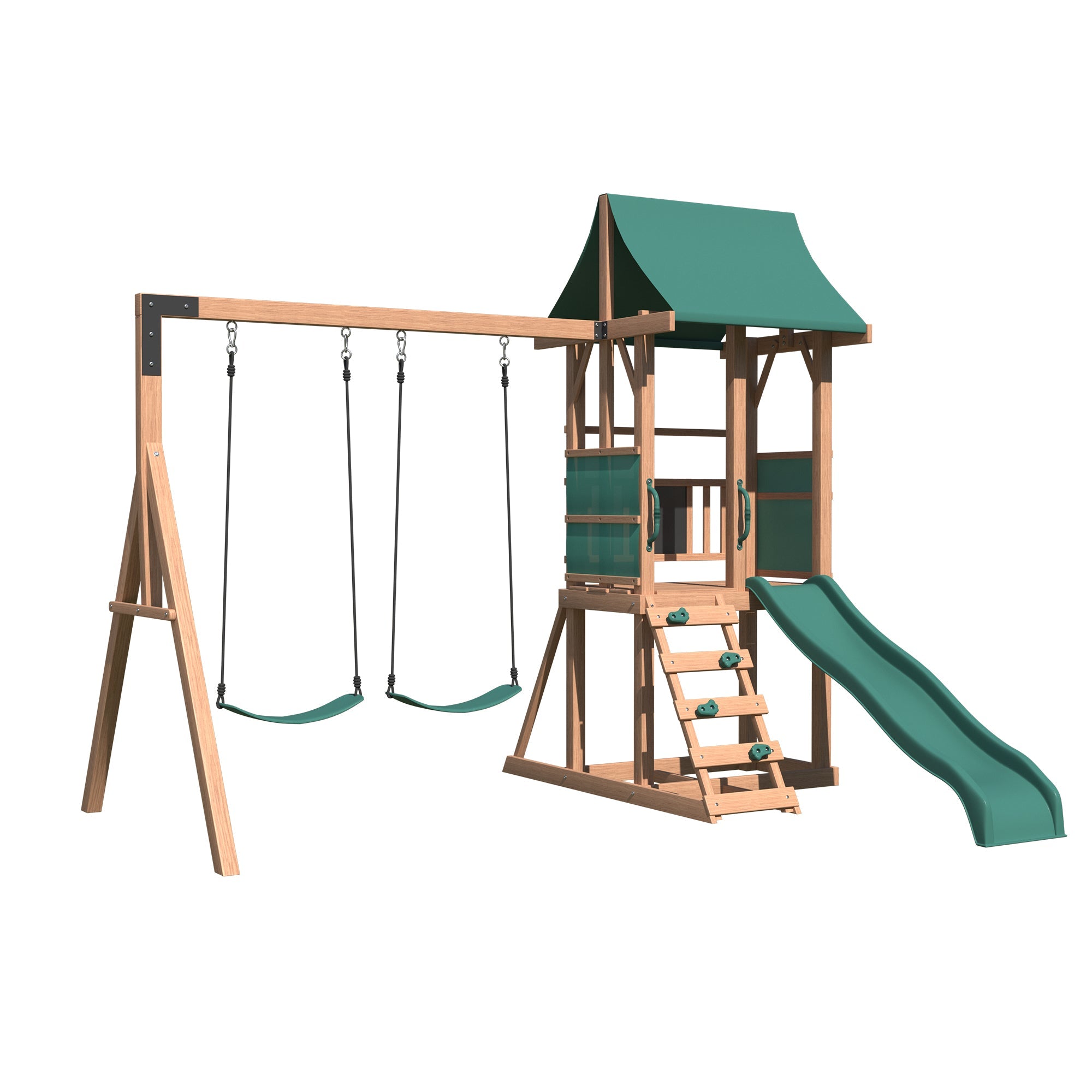 Homrest Swing Sets for Backyard, 4-in-1 Outdoor Swing Set with Slide, Climbing Rock Wall, and Soft Cushion Swings for Backyard Playground