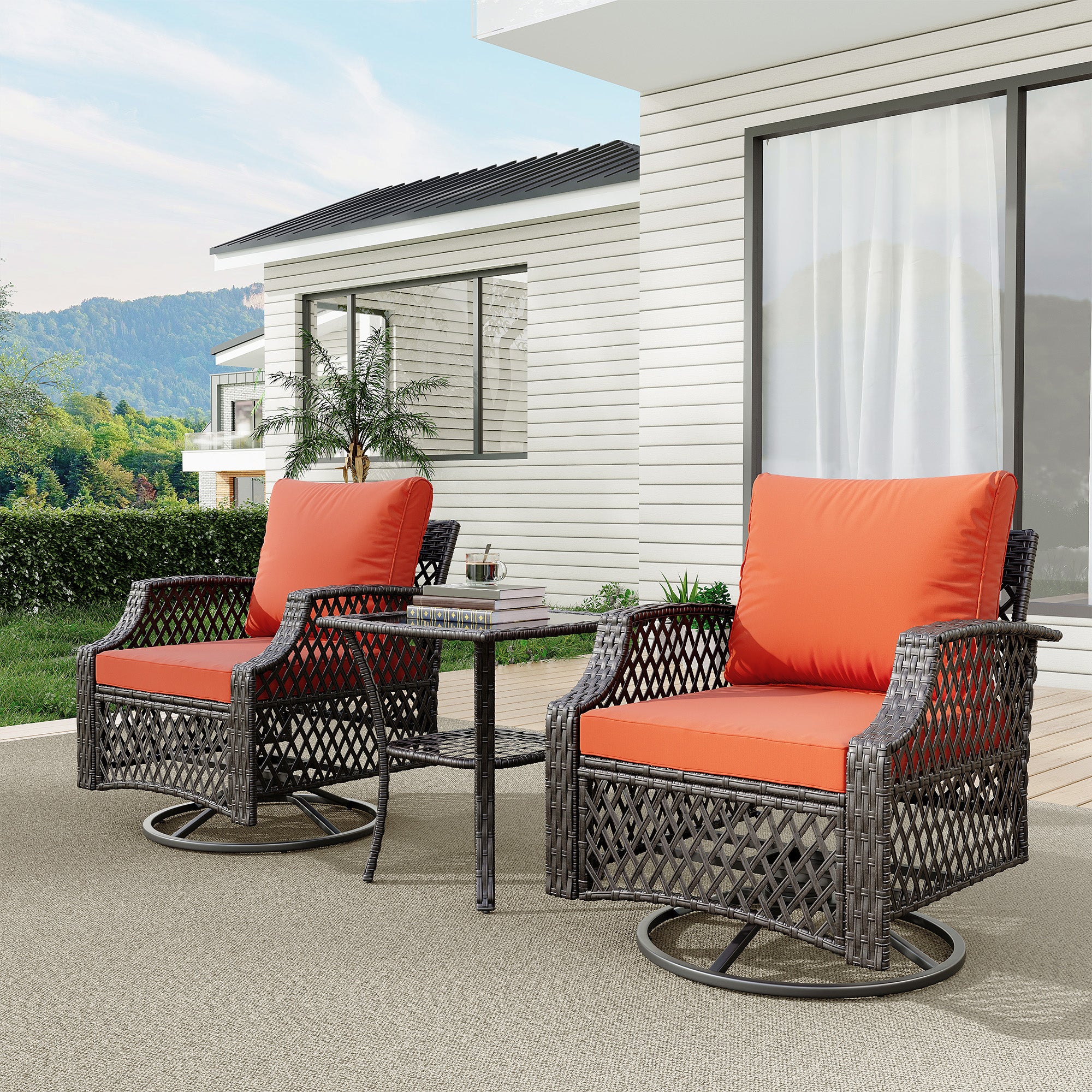 HOMREST 3 Piece Outdoor Swivel Chair Set, Patio Furniture Conversation Set for Deck, Yard, Garden, Poolside(Orange)