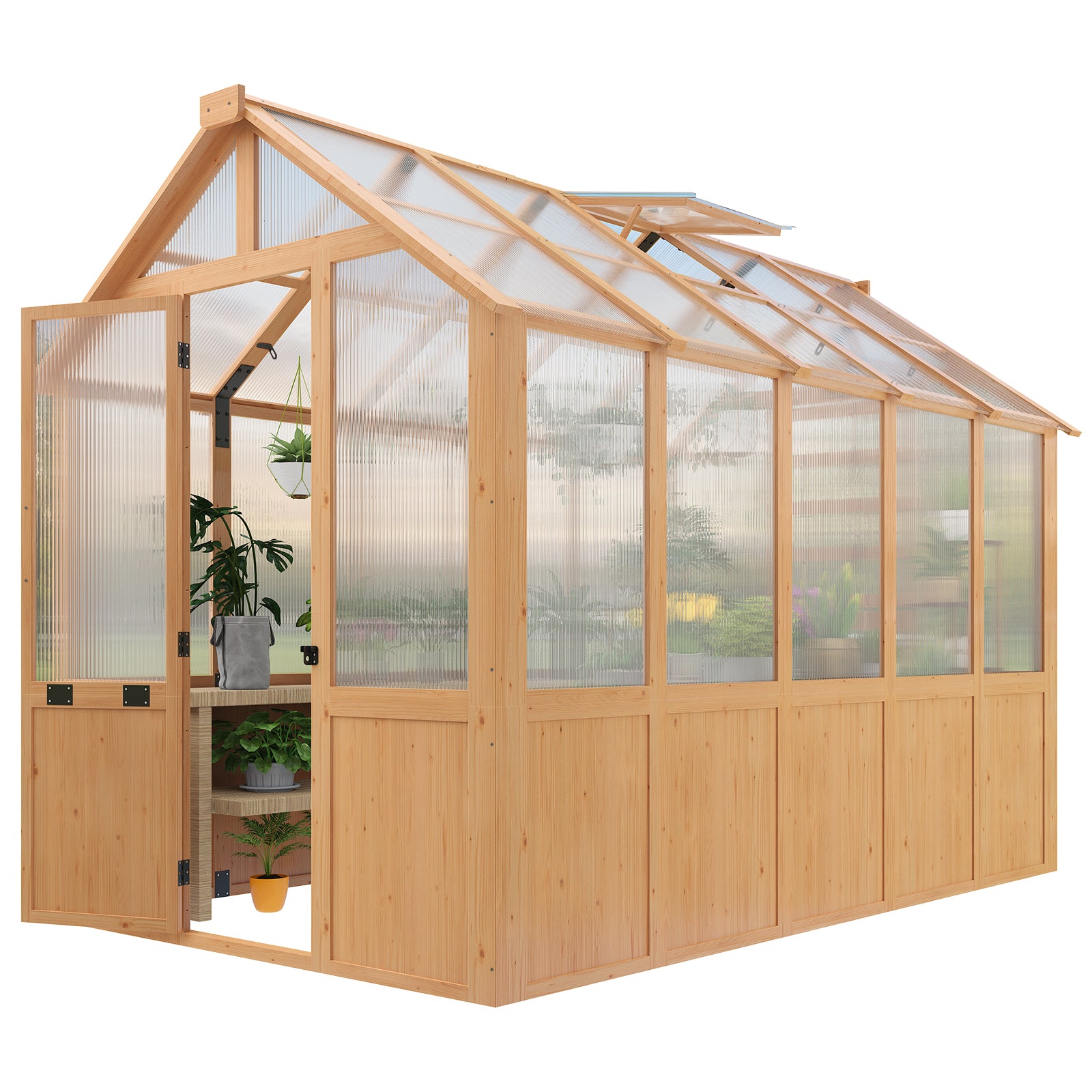 HOMREST 6x10 FT Wooden Greenhouse for Outdoors, Walk-in Greenhouse Kit with 4mm Polycarbonate Panels, Adjustable Roof Vent, Lockable Door, Backyard Greenhouse for Plants and Vegetables