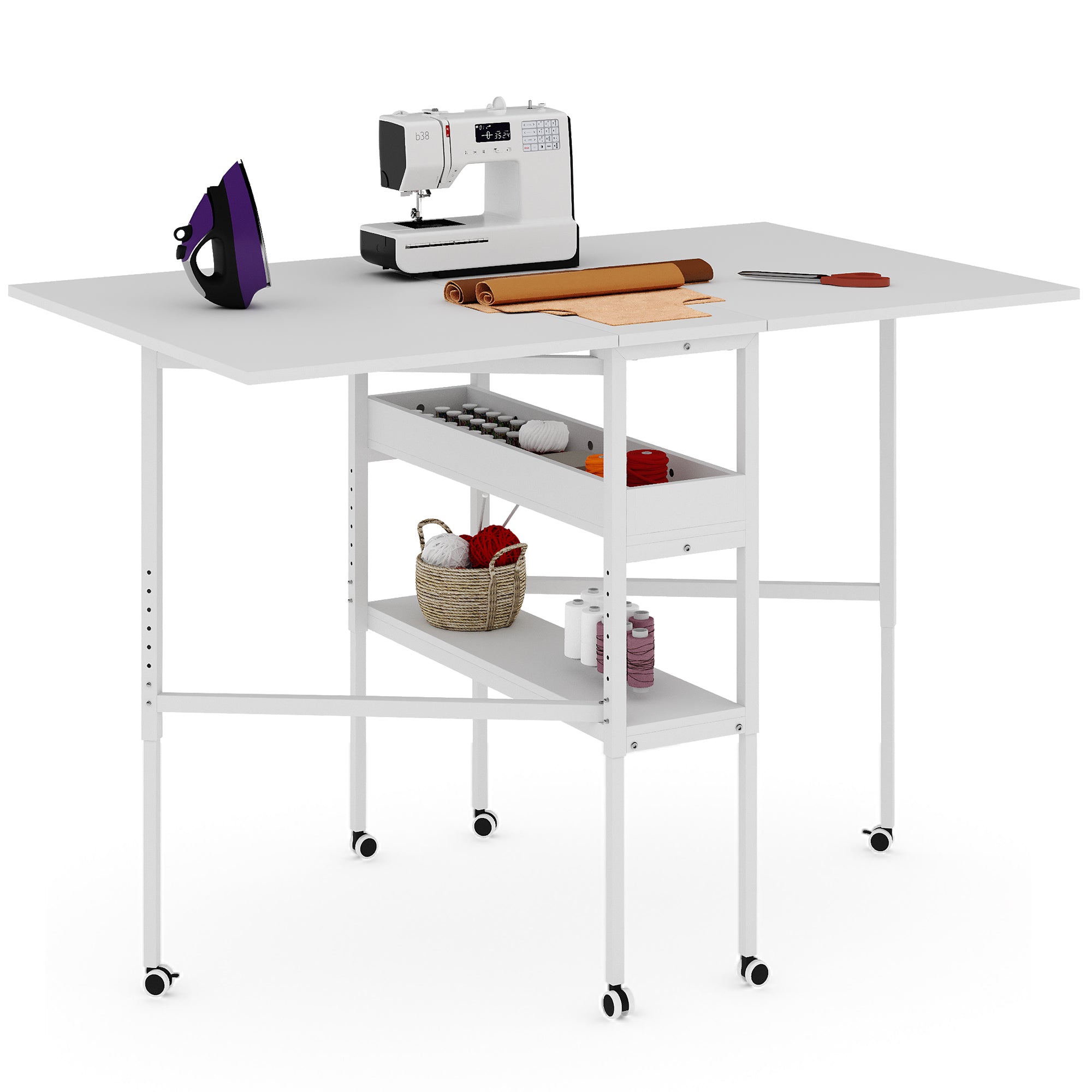 HOMREST Folding Sewing Table, Height Adjustable Fabric Cutting Table with Storage Shelves ＆ Lockable Casters, Portable Craft Station Desk for Home Apartment (57.5" W x 35.5" D x 33-39.75" H)
