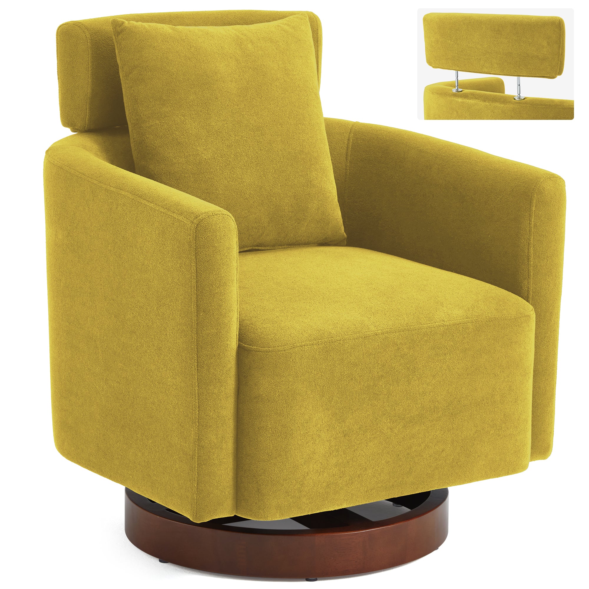 HOMREST Swivel Accent Chair, Armchair Barrel Chair with Adjustable Headrest Swivel Chair for Living Room Bedroom, with 360° Rotation and Thick Cushion, Mustard Yellow