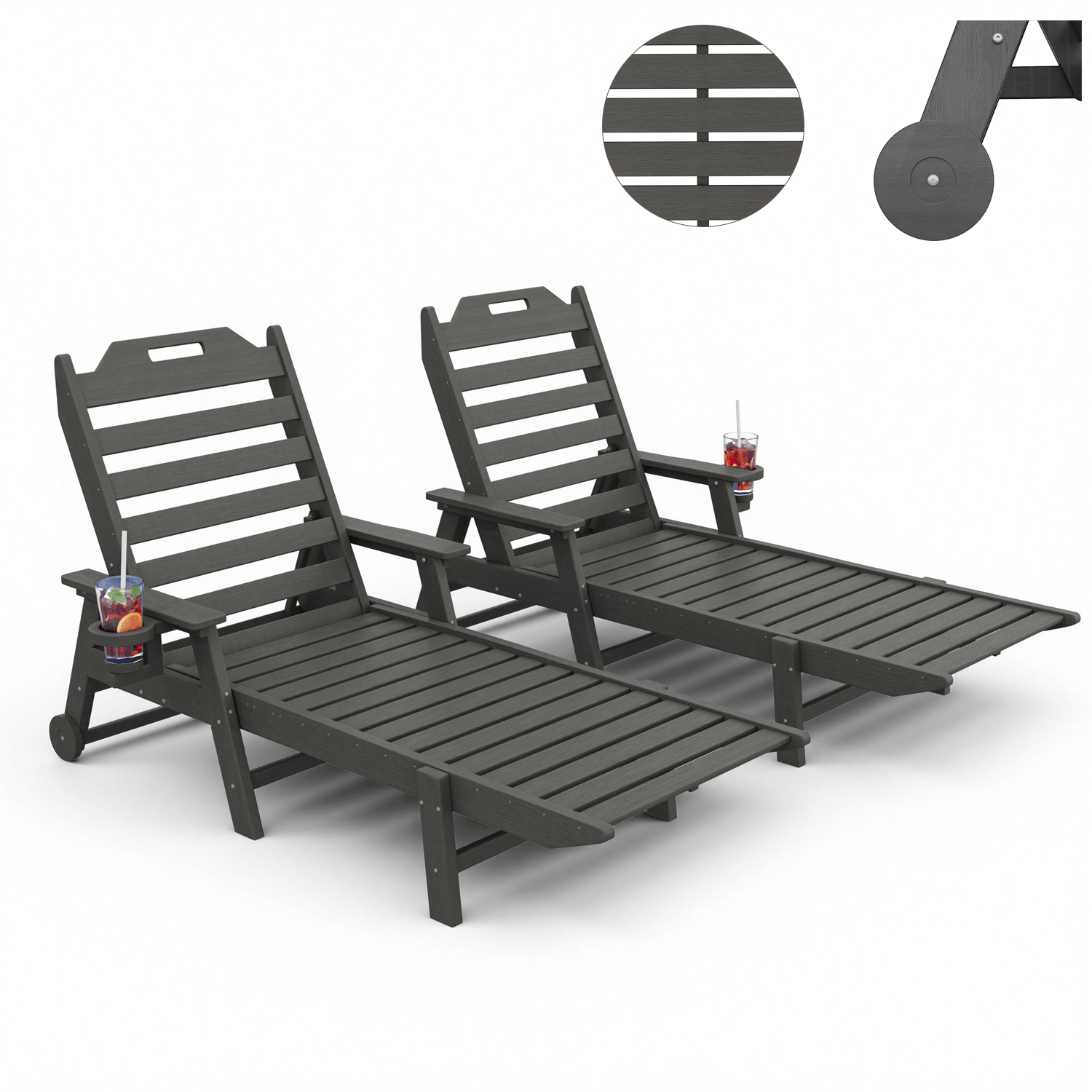 HOMREST 24" W Oversized Chaise Lounge Chairs Set of 2, Adjustable HDPE Outdoor Chairs with Wheels & Cup Holder, Dark Grey