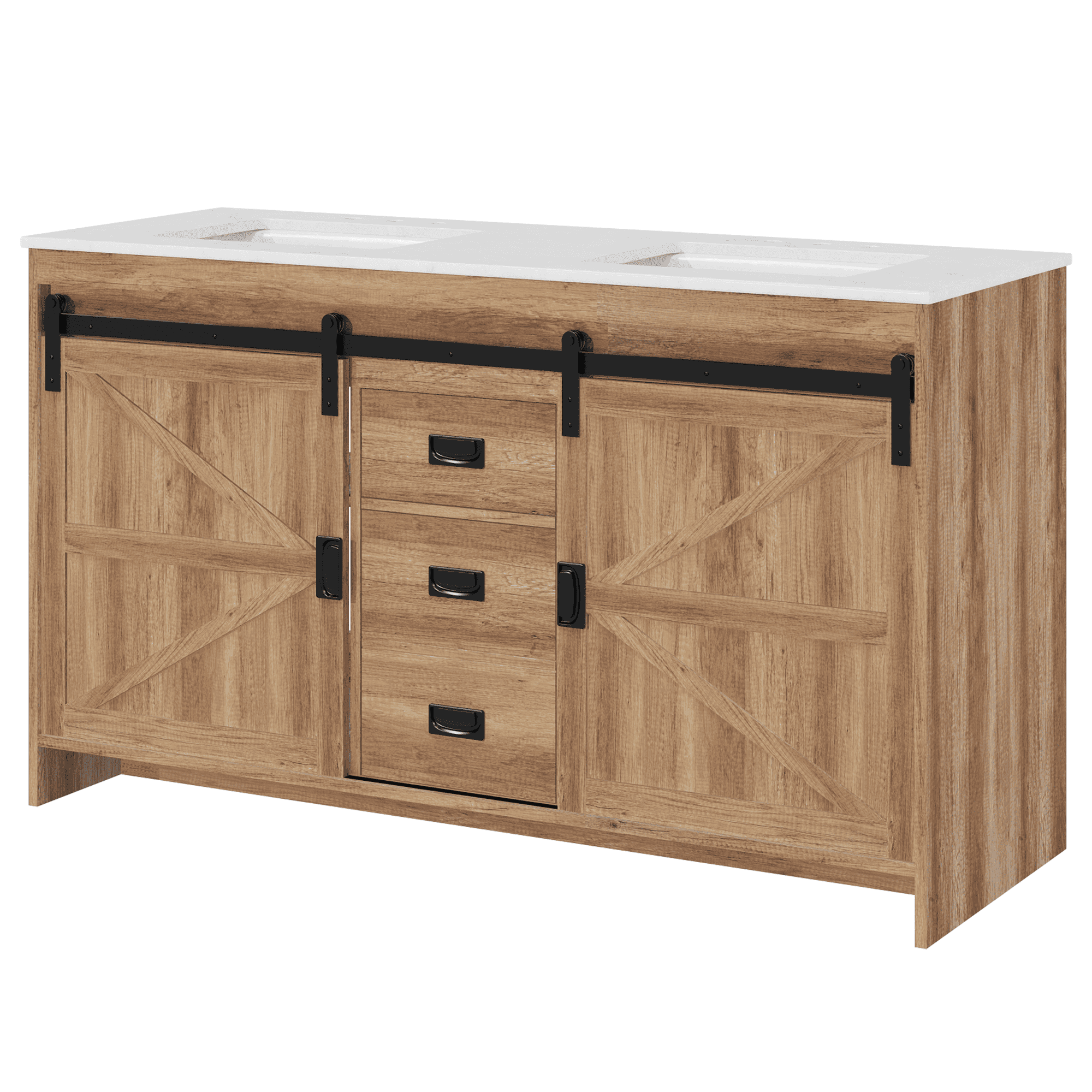 HOMREST 60" Farmhouse Double Bathroom Vanity with engineered stone top, Sliding Barn Door Sink Vanity, Brown