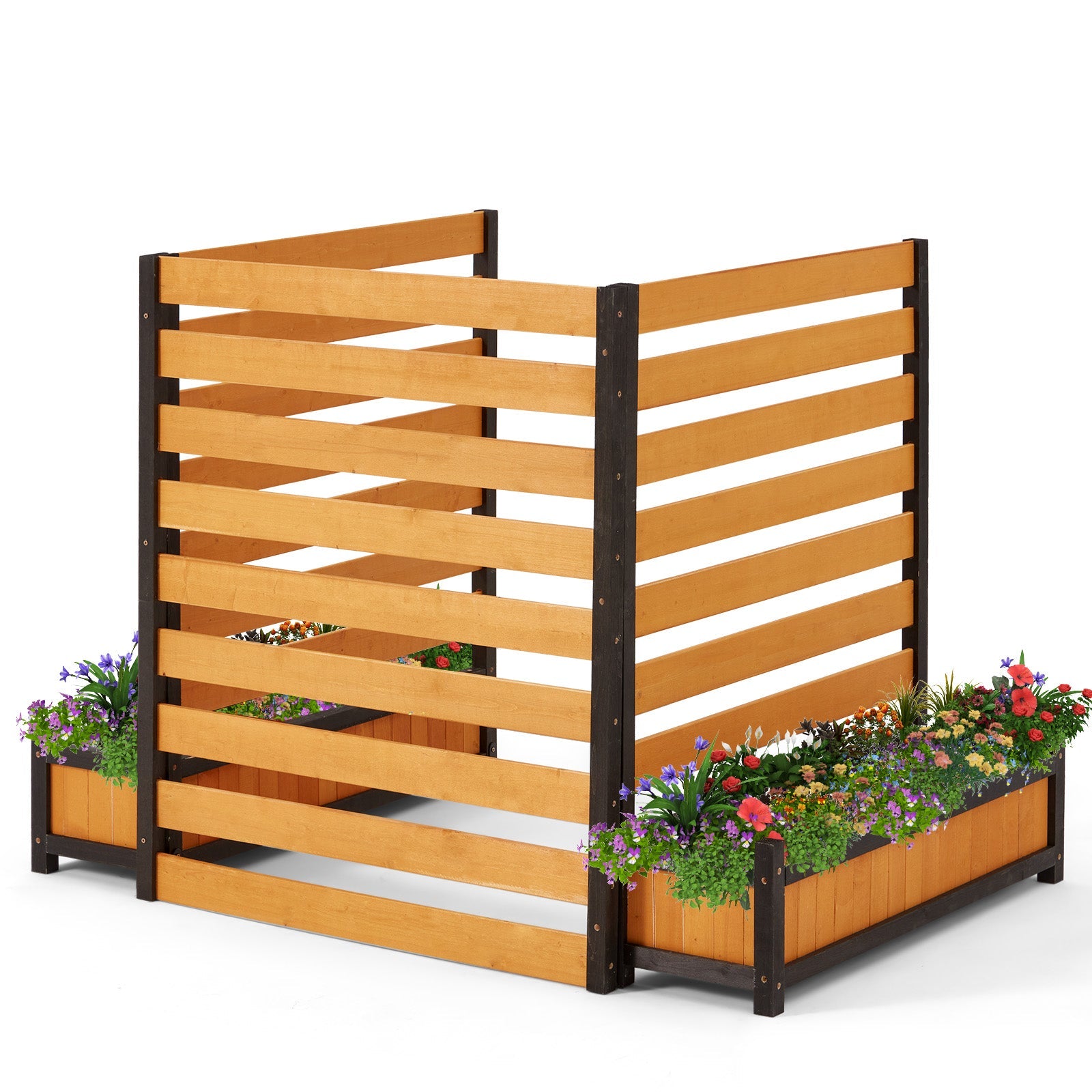 HOMREST No-Dig Privacy Fence with Planter Box - 3 Panels, 33" W x 39" H Durable Outdoor Patio Wood Screen for AC Unit, Trash Hide & Floral Garden Bed, Yellow