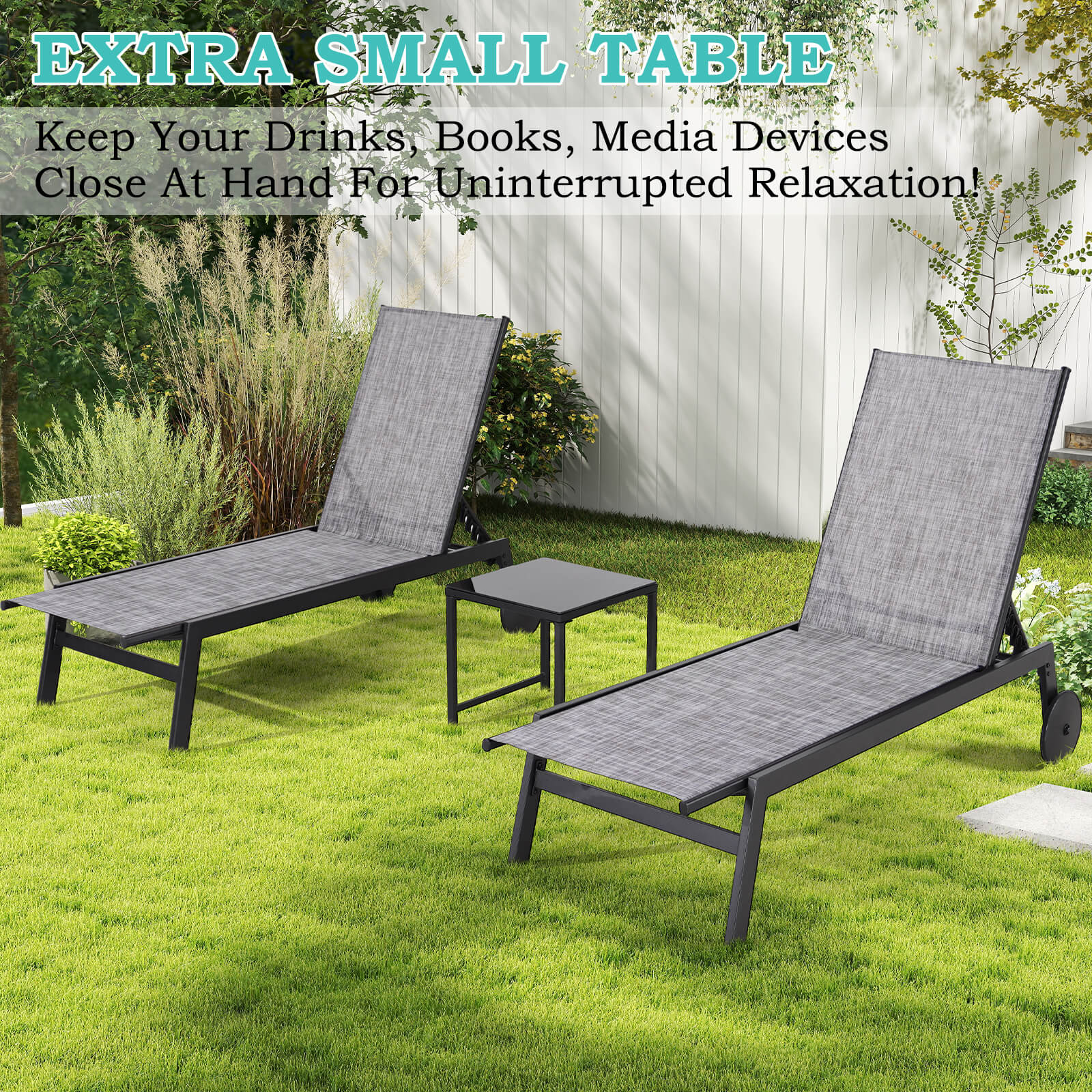 HOMREST 23 Inches Patio Chaise Lounge Chair Set of 2 with Table, Waterproof Outdoor Poolside Recliners, Grey