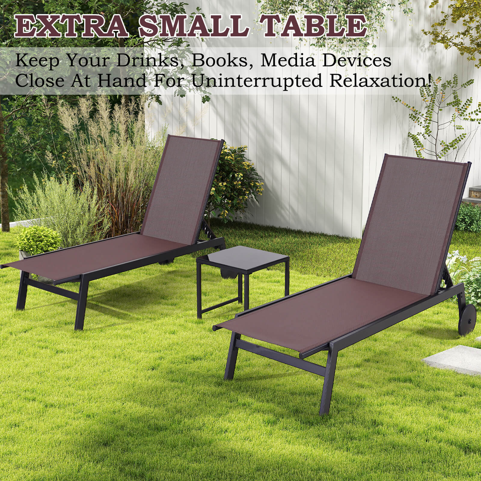 HOMREST 23 Inches Patio Chaise Lounge Chair Set of 2 with Table, Adjustable Backrest & Wheels, Brown