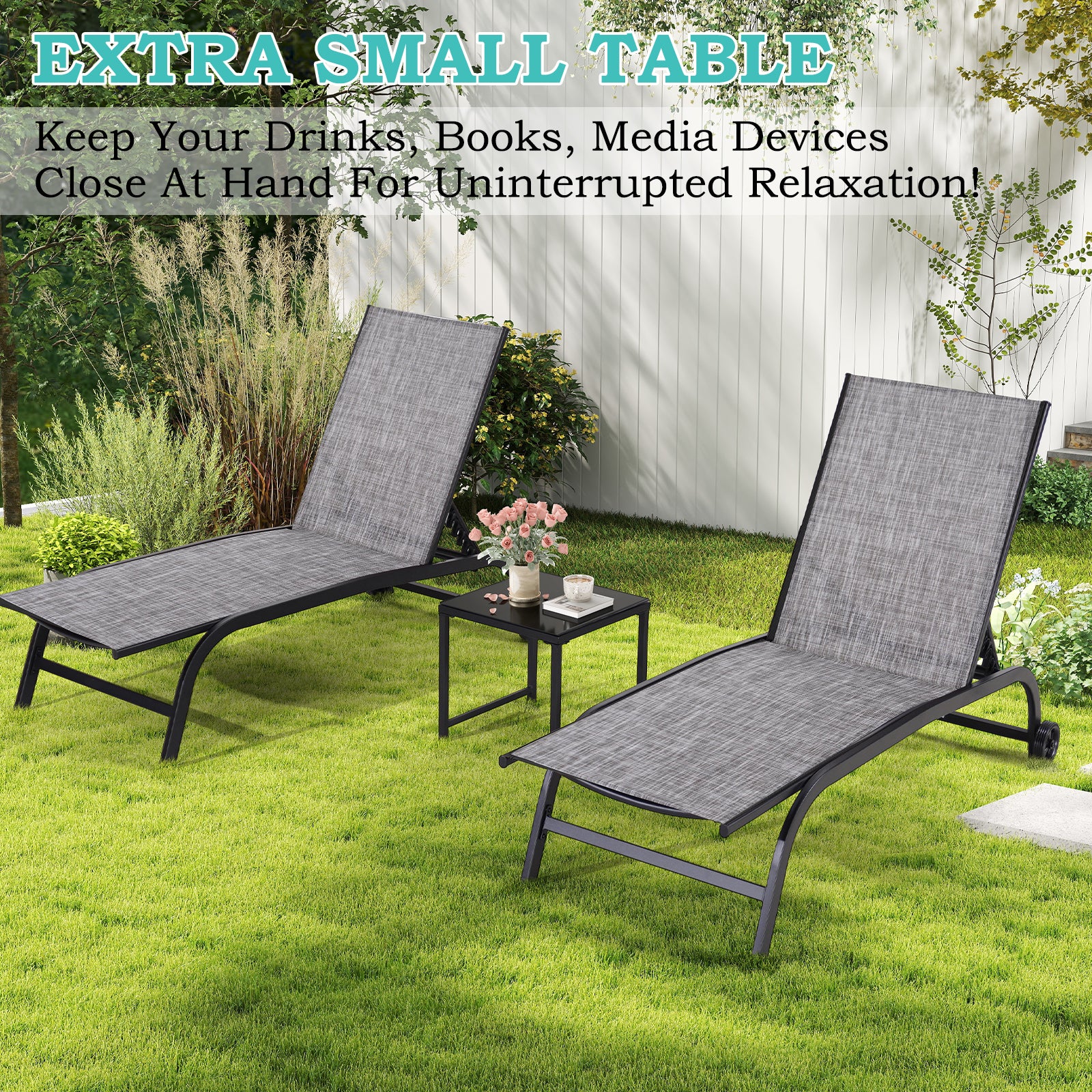 HOMREST Oversized 26" W Patio Chaise Lounge Chair Set of 2 with Table, Adjustable Backrest & Wheels, Grey