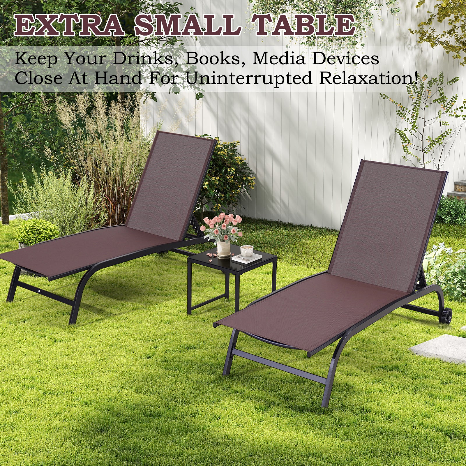 HOMREST  Oversized 26" W Patio Chaise Lounge Chair Set of 2 with Table, Adjustable Backrest & Wheels, Brown
