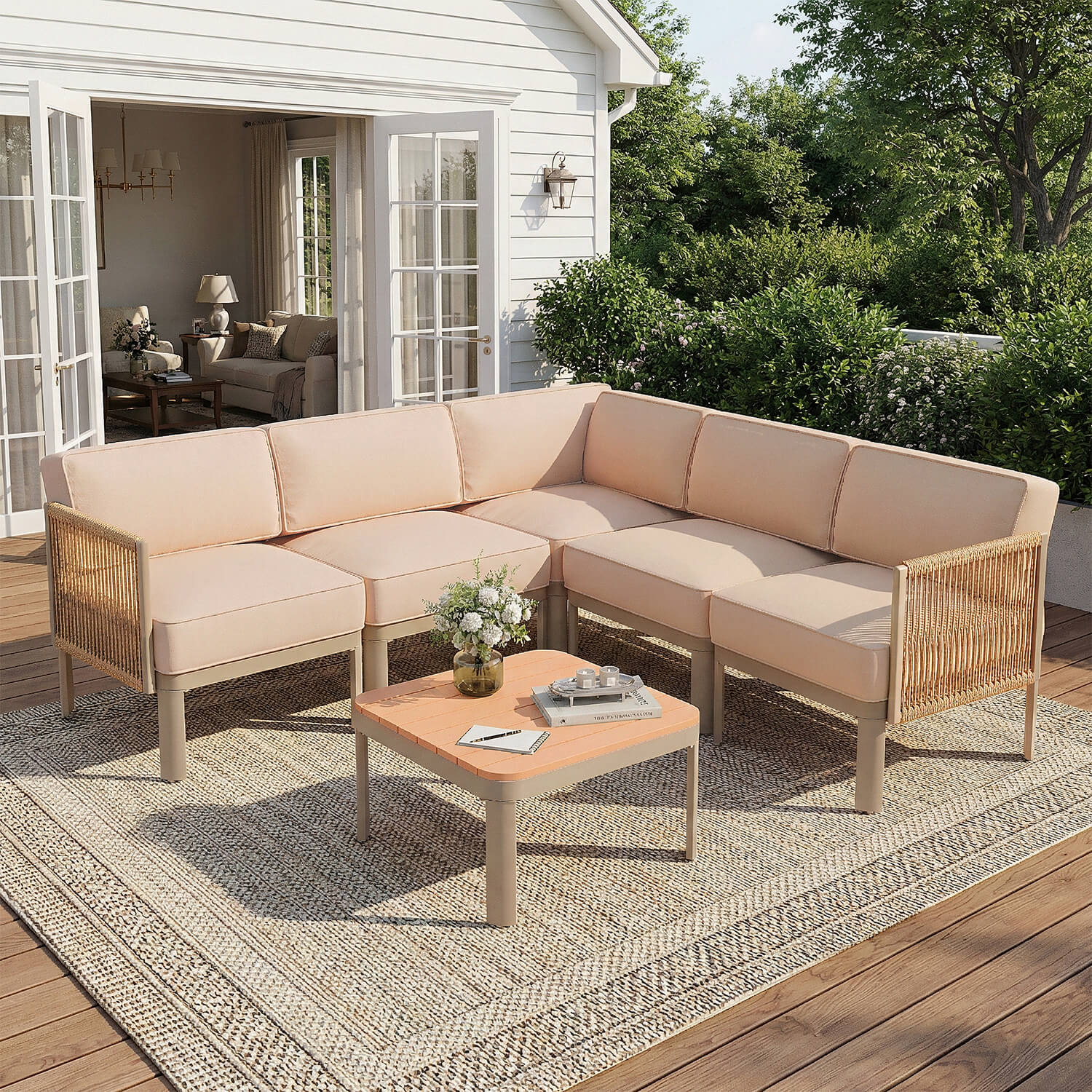 HOMREST 6-Piece Aluminum Patio Sectional Sofa Set, Outdoor Conversation Set with 6" Washable Thick Cushions & Coffee Table,  Beige