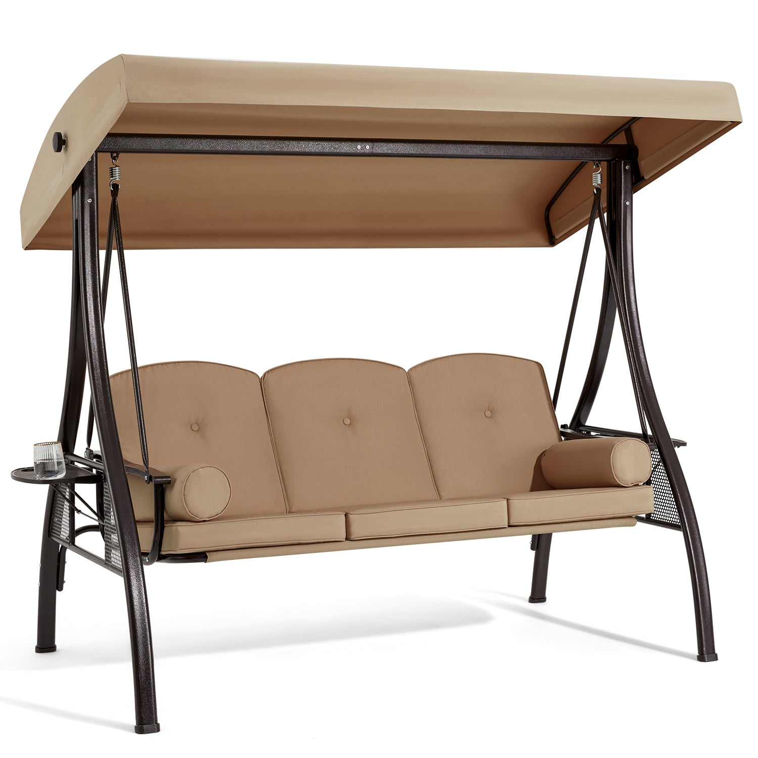 3-Seat Outdoor Porch Swing with Adjustable Canopy and Backrest, Brown | Homrest Furniture