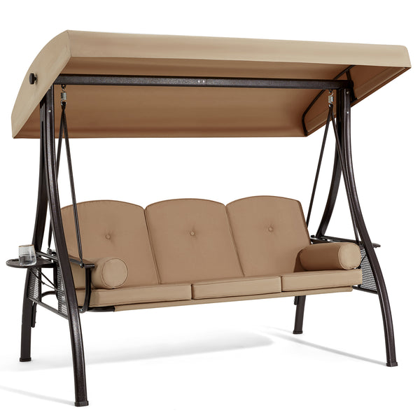 3-Seat Outdoor Porch Swing with Adjustable Canopy and Backrest, Brown | Homrest Furniture