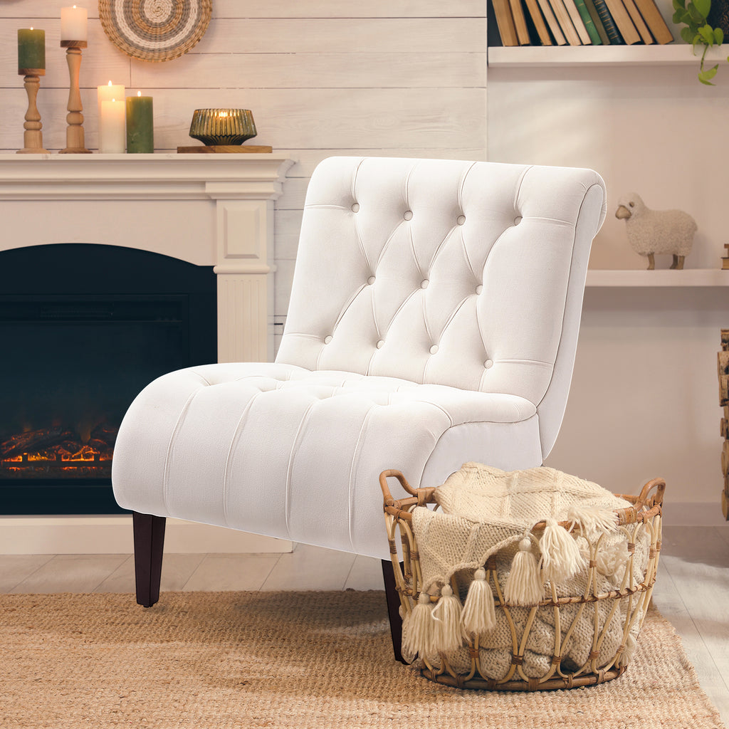 HOMREST Armless Accent Chair, Upholstered Button Tufted Living Room Chairs with Wood Legs, Comfy Frosted Velvet Lounge Chair Reading Chair for Bedroom, Cream White