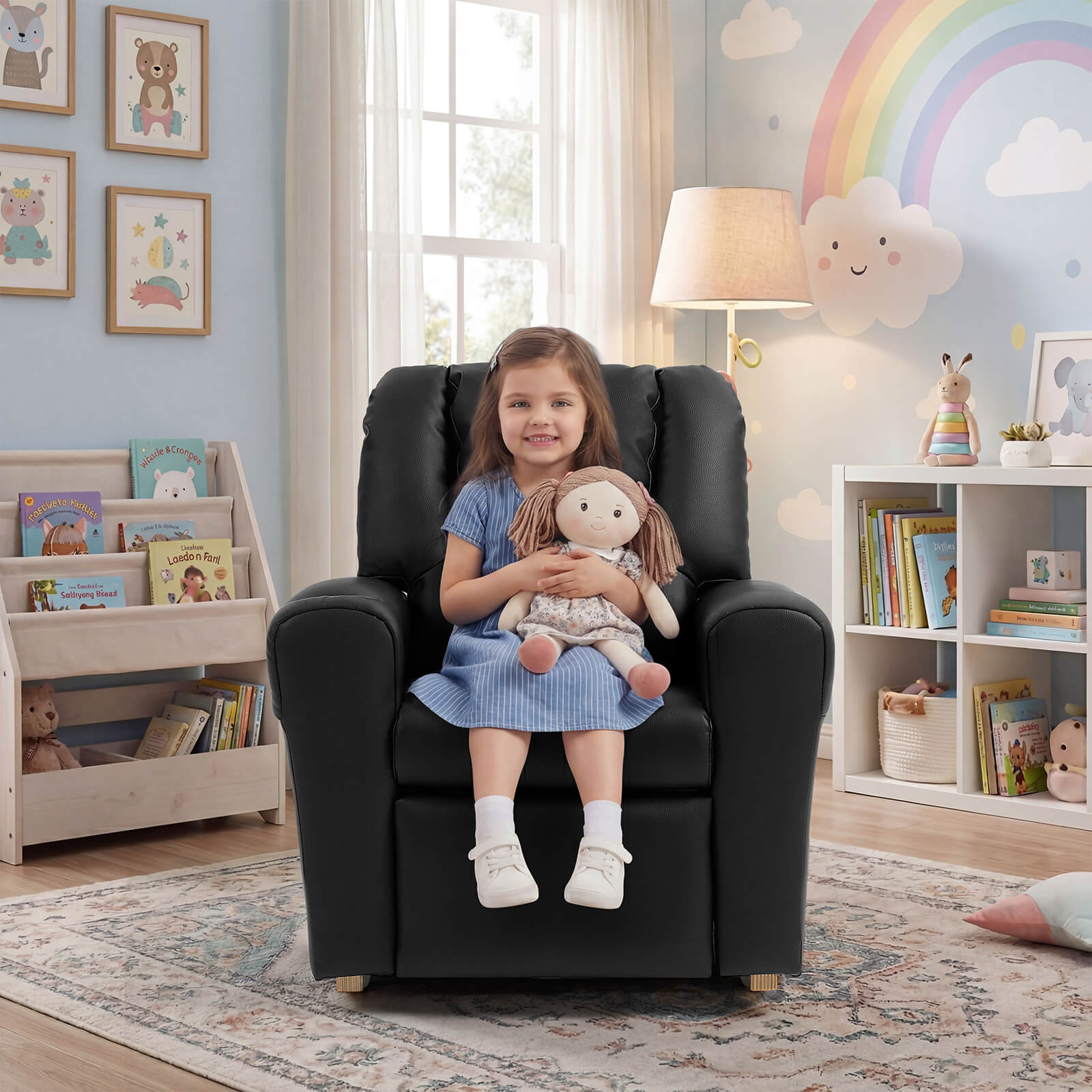 HOMREST Kids Recliner Chair with Cup Holder, Leather Toddler Recliner with Adjustable Backrest, Curved Rocking Legs and Comfy Armrests, Black