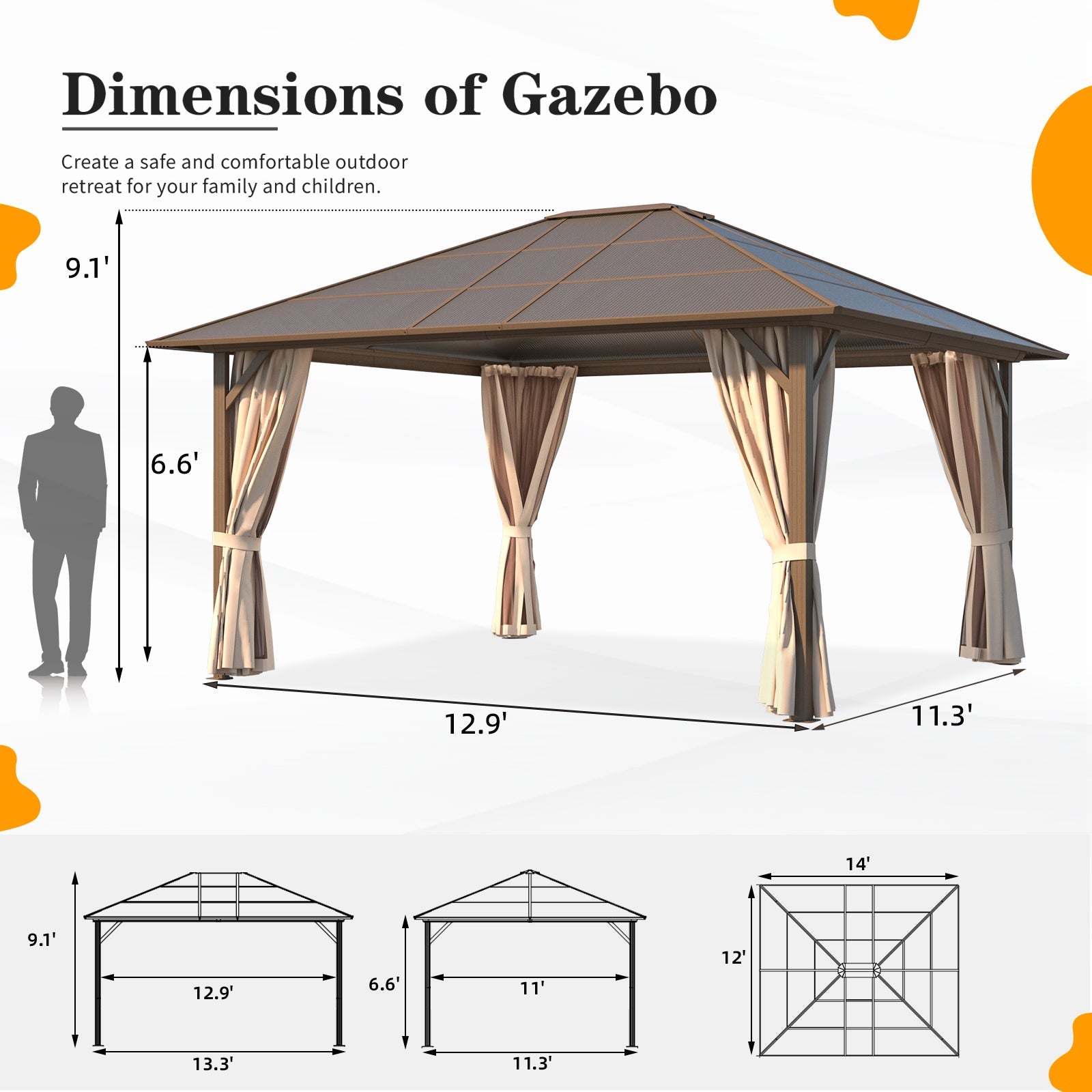 Homrest 12'x14' Hardtop Gazebo, Outdoor Polycarbonate Roof Canopy, Aluminum Frame Permanent Pavilion with Curtains and Netting