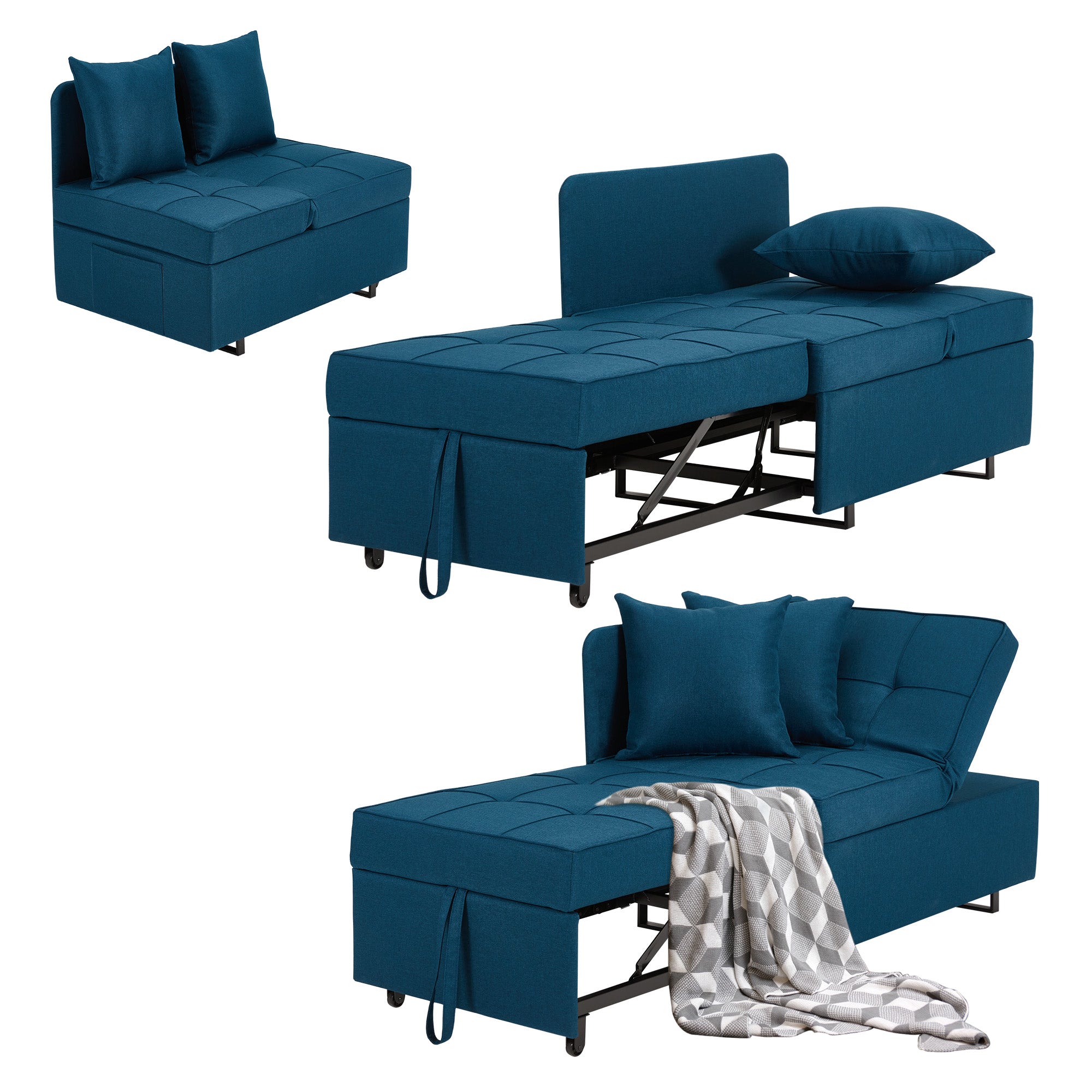 HOMREST 3 IN 1 Futon Sofa Bed Convertible Recliner Lounge for Living Room with Reclining Backrest, Linen, Peacock Blue