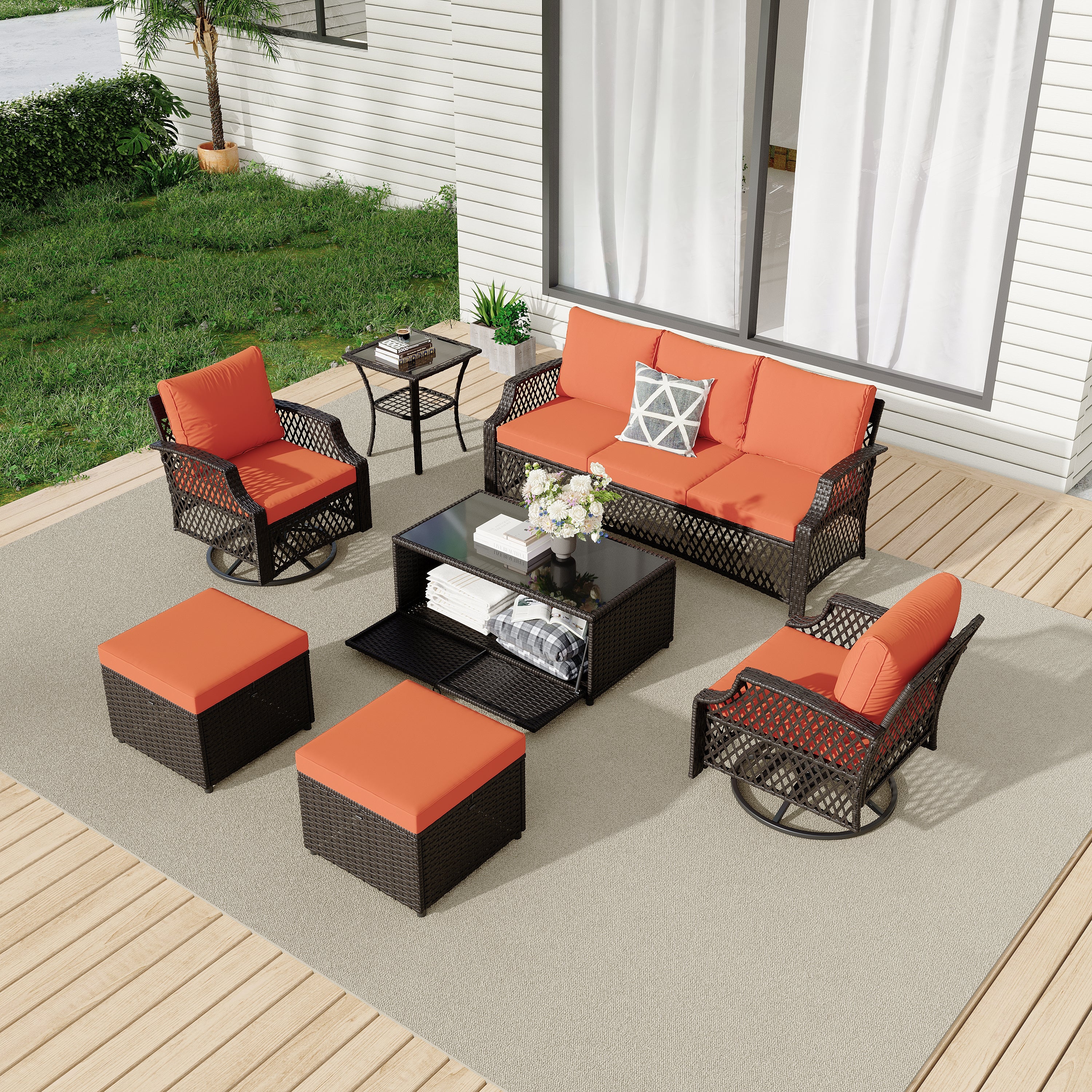 HOMREST 7 Piece Patio Furniture Set, Rattan Outdoor Sectional for Deck Backyard Porch (Orange)