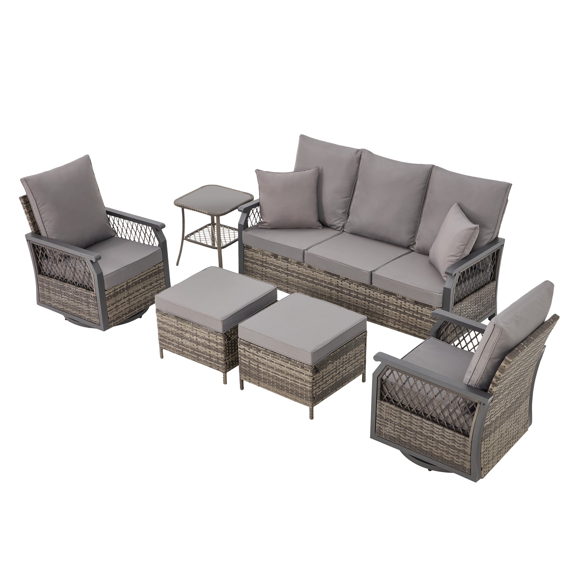 HOMREST 6-Piece Patio Set with Sofa, Swivel Rocking Chairs, Ottoman & Side Table, Grey