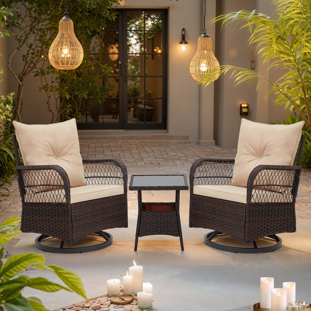 HOMREST 3-Piece Patio Swivel Rocker Set with Rattan Coffee Table, Beige