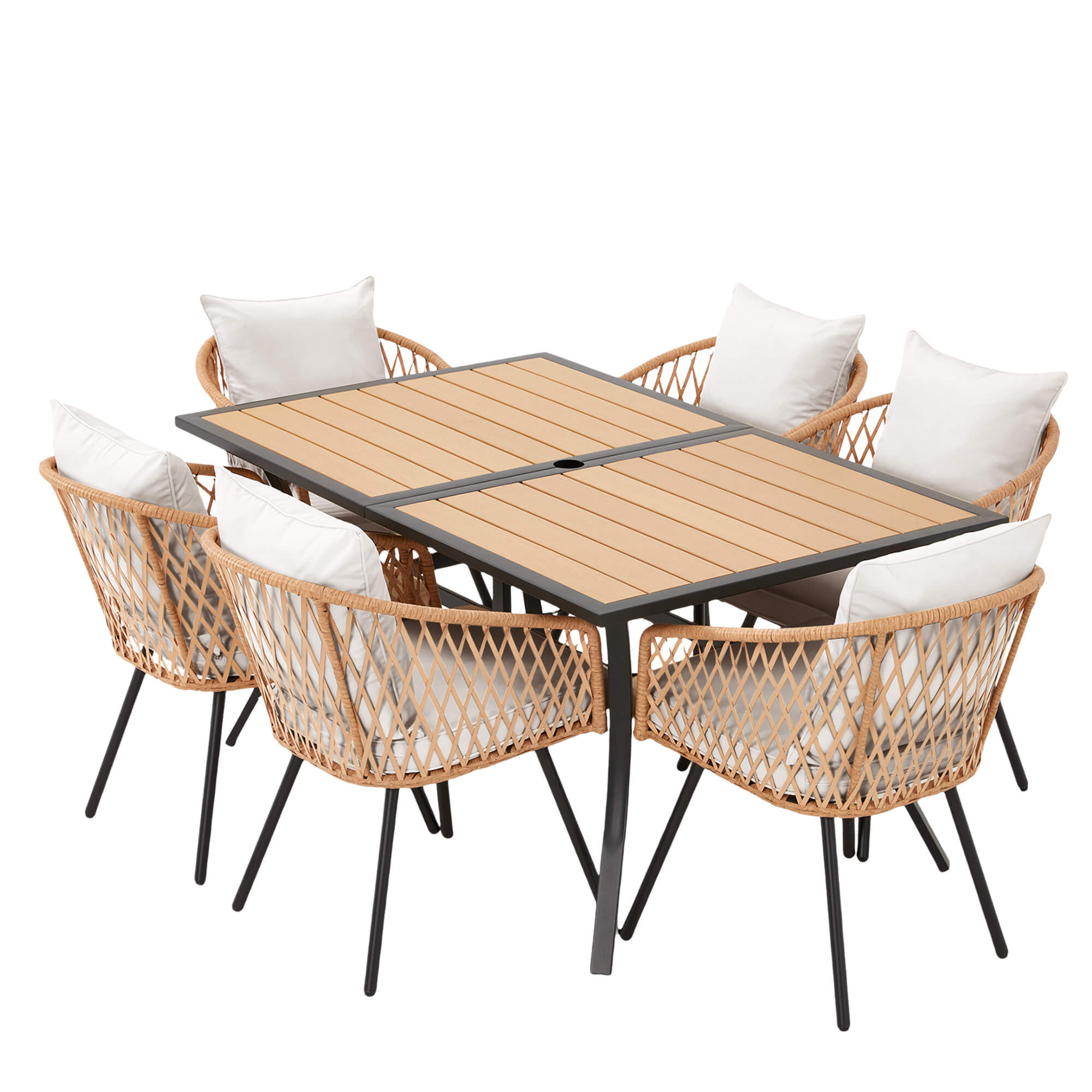 HOMREST 7-Piece Outdoor Dining Set – Rectangular Table with Umbrella Hole & 6 Rattan Chairs, Gray