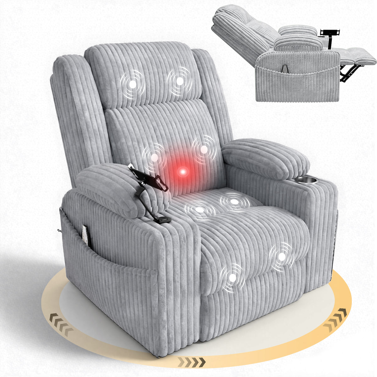 HOMREST Power Oversized Swivel Rocker Recliner with Massage and Heat, Nursery Rocking Chairs for Living Room, Grey
