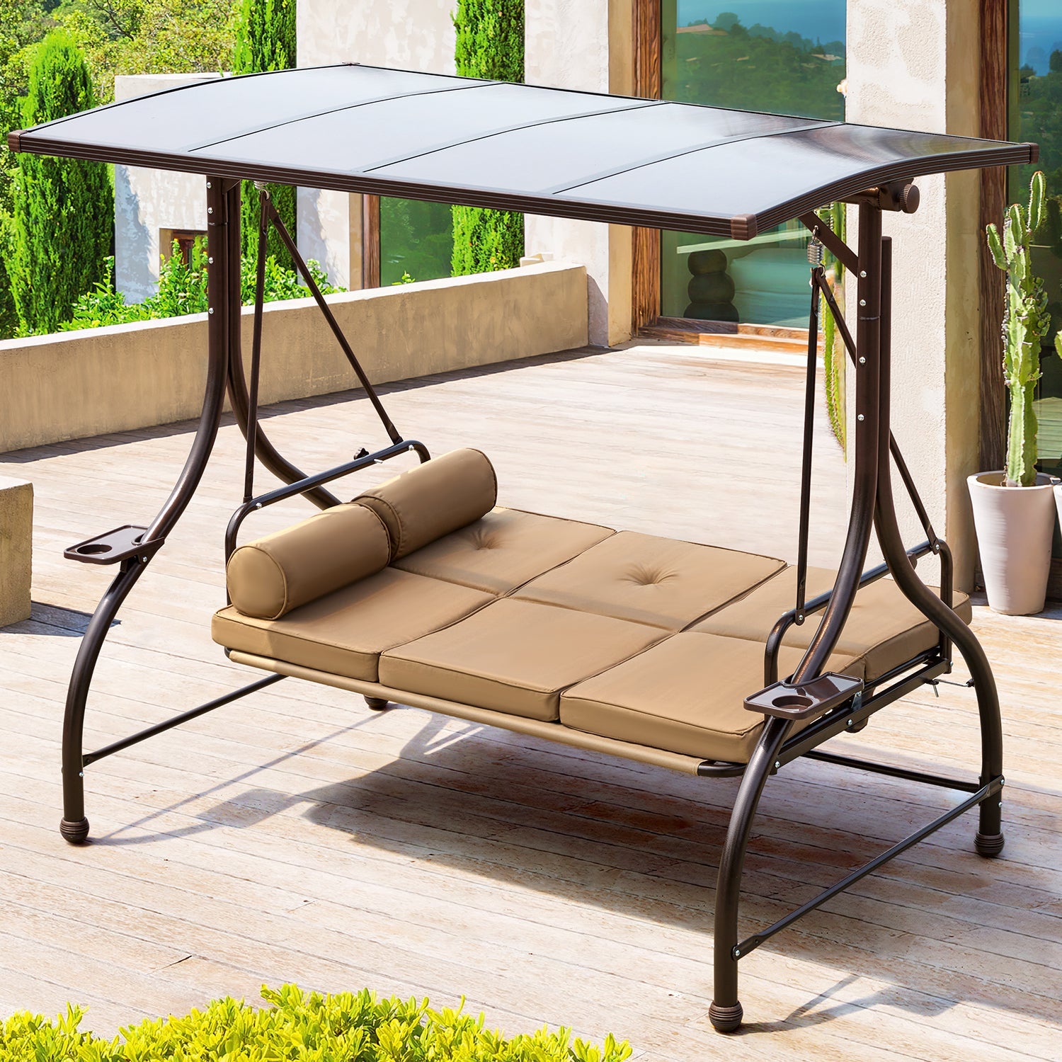 HOMREST 57in Outdoor Patio Swing with Hardtop,  Convertible Backrest Swing Bed with Cushion, 2 Pillows