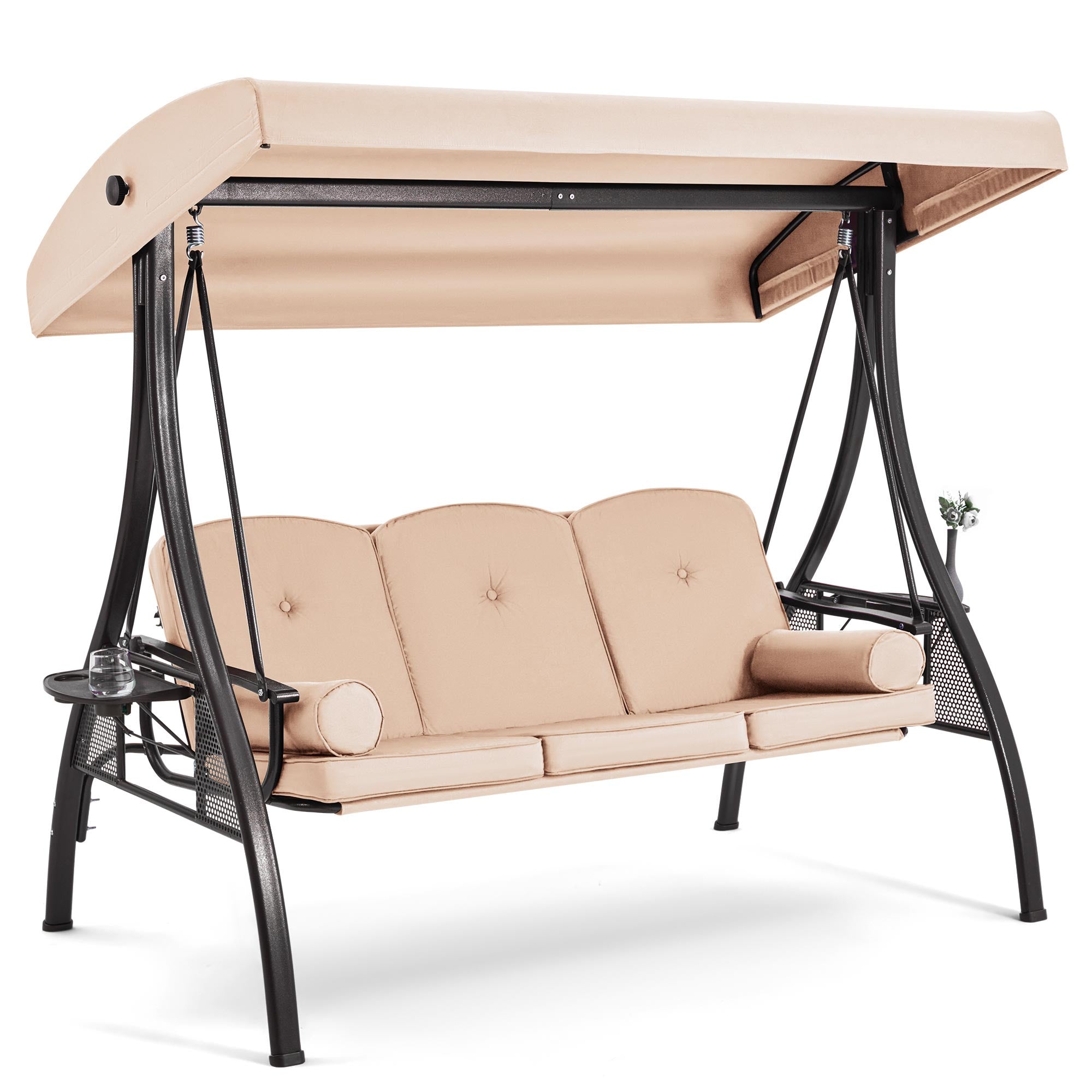3-Seat Outdoor Porch Swing with Adjustable Canopy and Backrest for Porch, Balcony and Poolside, Khaki | Homrest Furniture