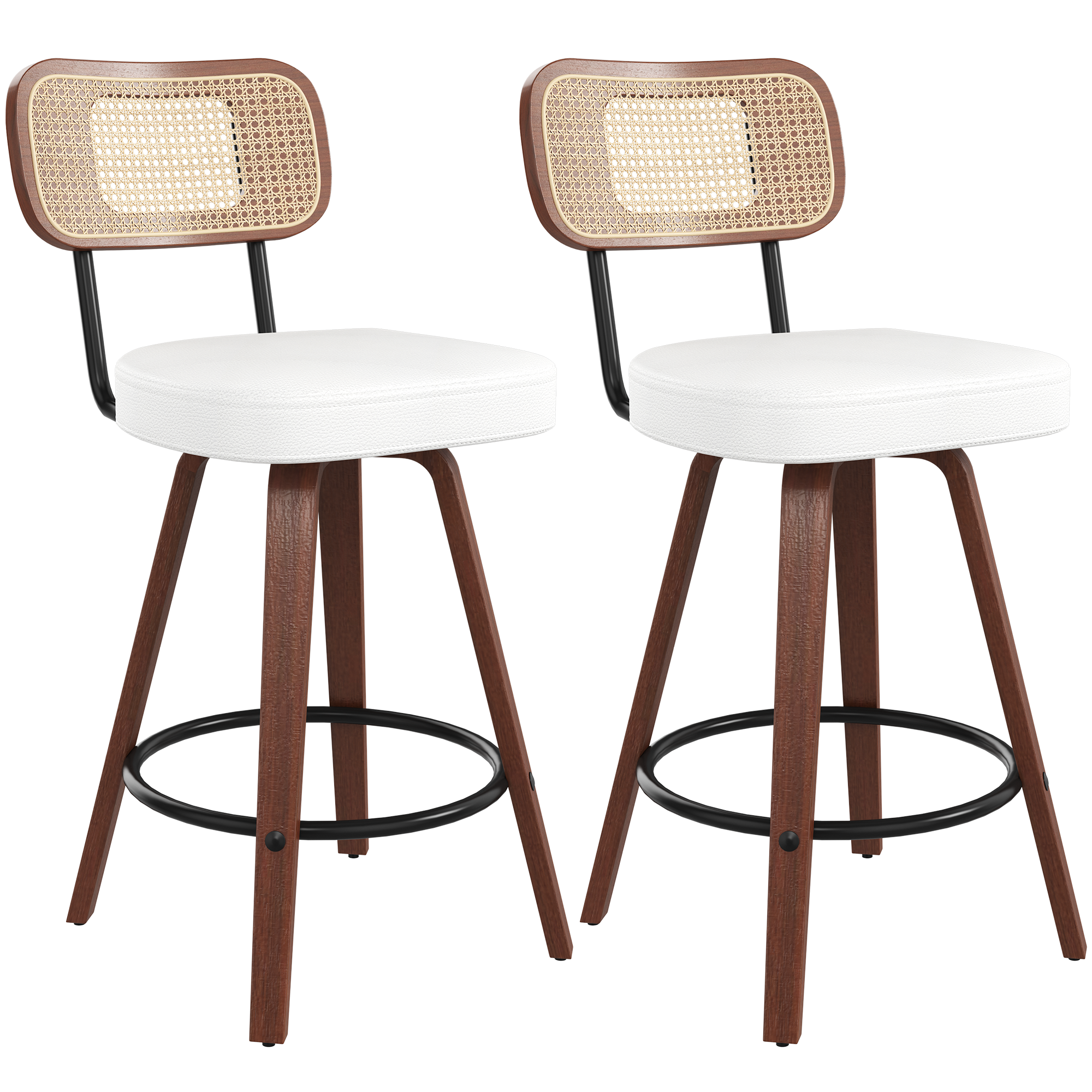 HOMREST Swivel Upholstered Rattan Back Counter & Bar Stool, Bar Chair With Solid Wood Frame And Metal Footrest (set Of 2), Beige