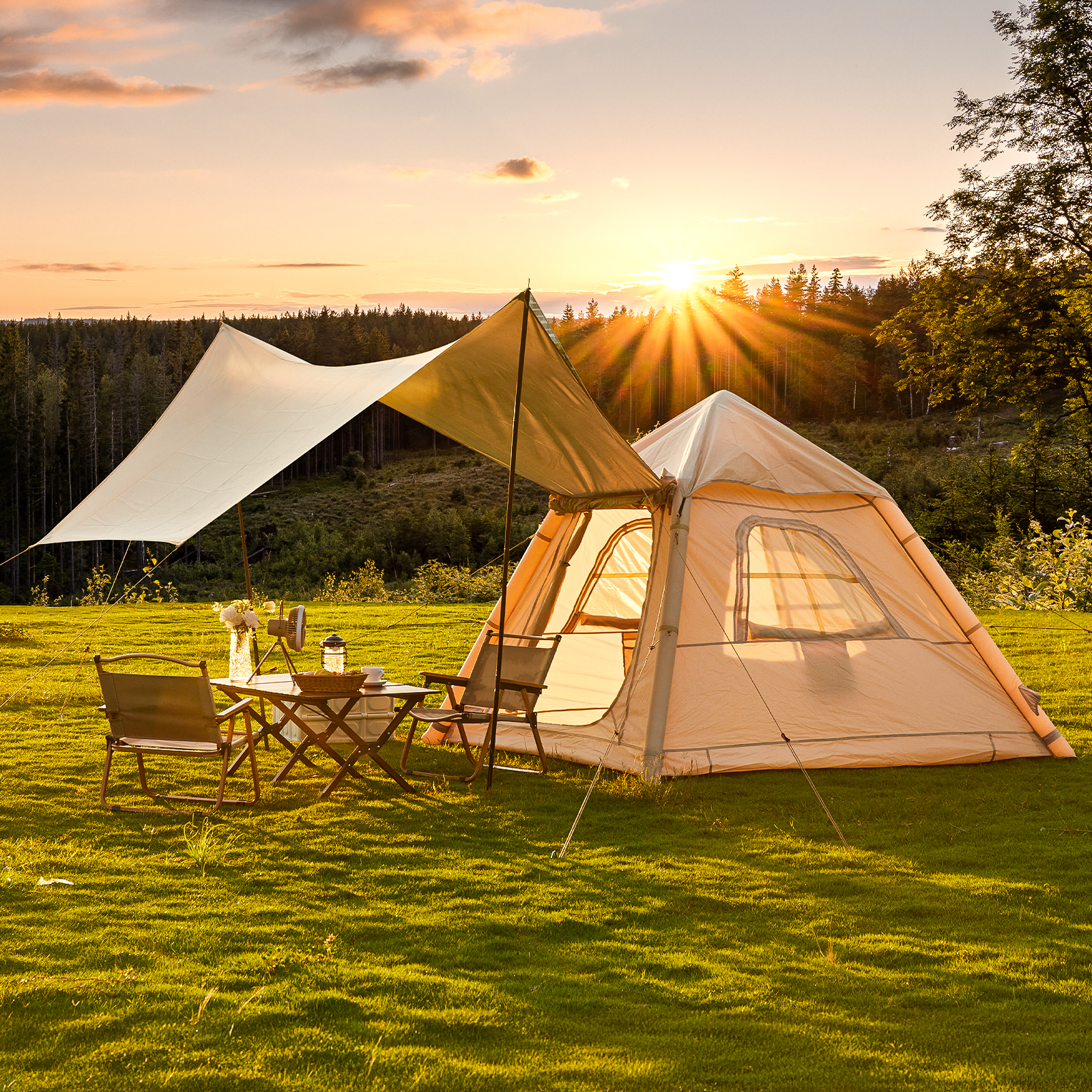 HOMREST 2-4 Persons Inflatable Camping Tent with Pump & Extended Canopy, Easy Set-up, Oxford Portable Free-Standing Family Cabin Tent