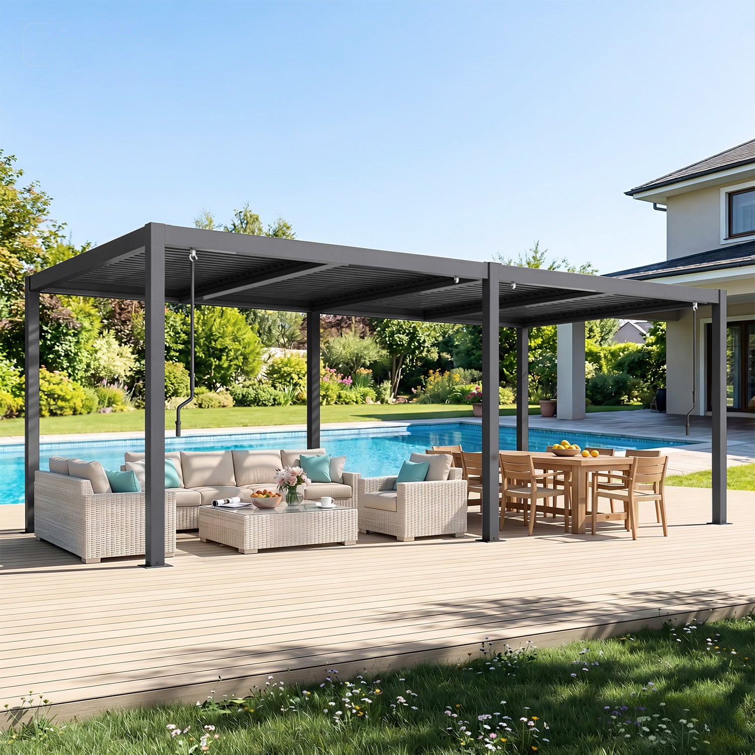 HOMREST Pergola Louvered 10x20, Aluminum Hardtop Pergola with Adjustable Roof for Sun & Rain Shade, Outdoor Gazebo with Integrated Drainage System, Modern Rustproof Patio Canopy Carport