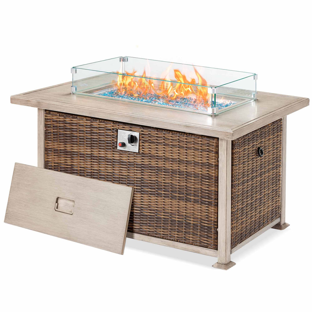 44 in Auto-Ignition Propane Fire Pit with Aluminum Table Top and Glass Wind Guard, Brown