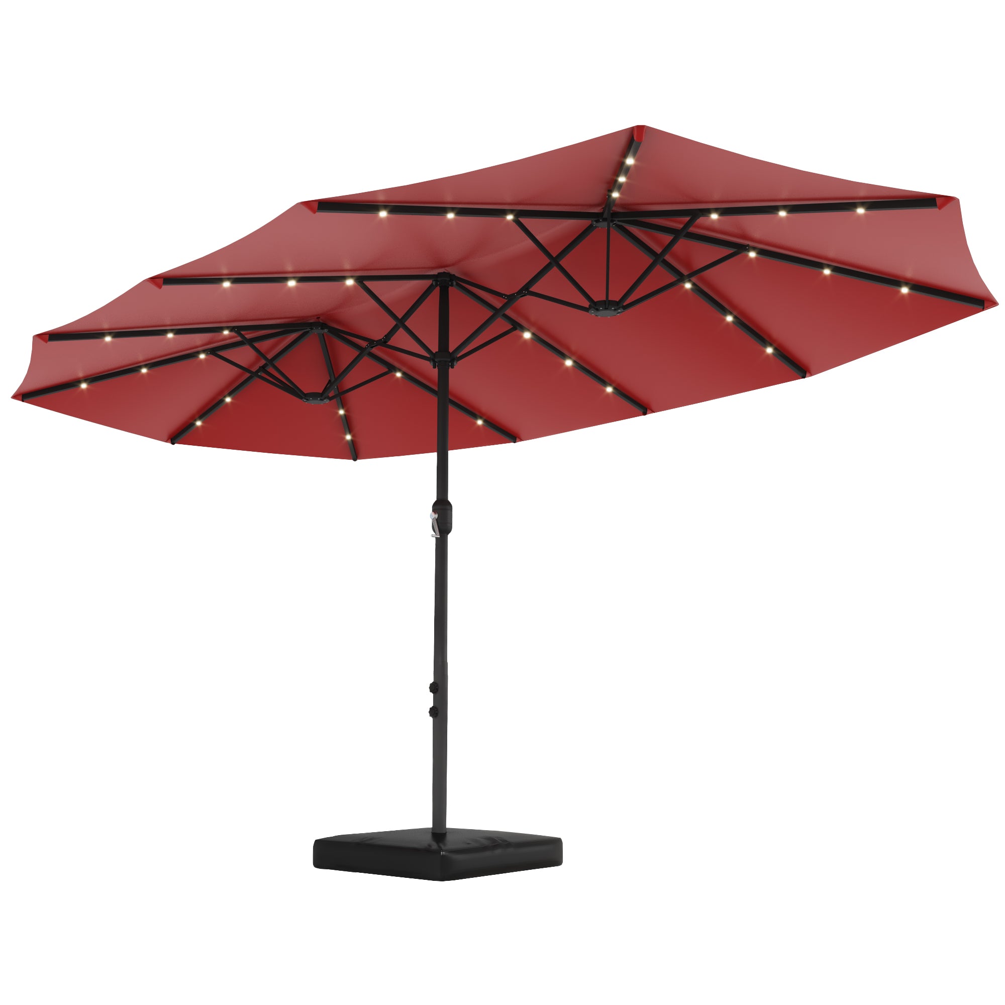 HOMREST 15ft Large Double-Sided Patio Umbrella with Solar LED Lights, Outdoor Crank System, and Base – Perfect for Garden, Deck, Poolside, Red