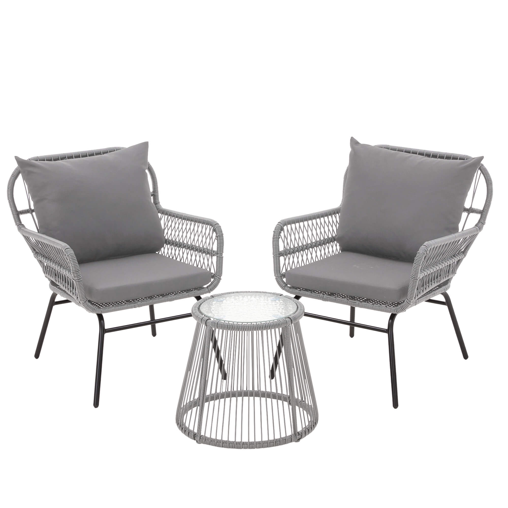 HOMREST 3-Piece Patio Bistro Set with Glass Top Table & 2 Ergonomic Armchairs, Black, Gray