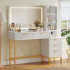 HOMREST Fluted Makeup Vanity Desk with Mirror, Lights,5 Drawers, 3 Storage Shelves and Charging Station, White Gold