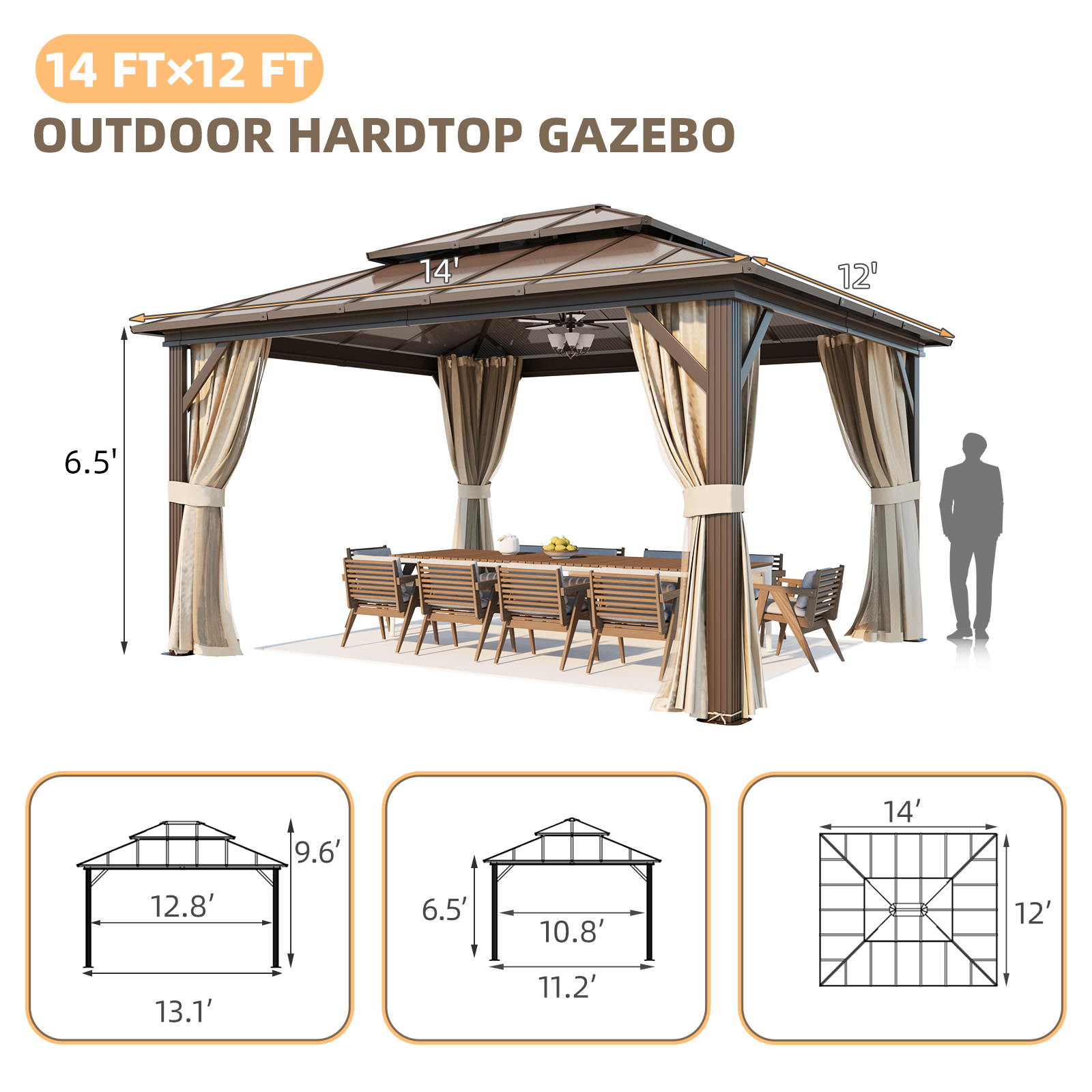 Homrest 12' x 14' Hardtop Gazebo, Outdoor Gazebo with Polycarbonate Vertical Stripe Double Canopy, Aluminum Gazebo with Netting and Curtains for Patios