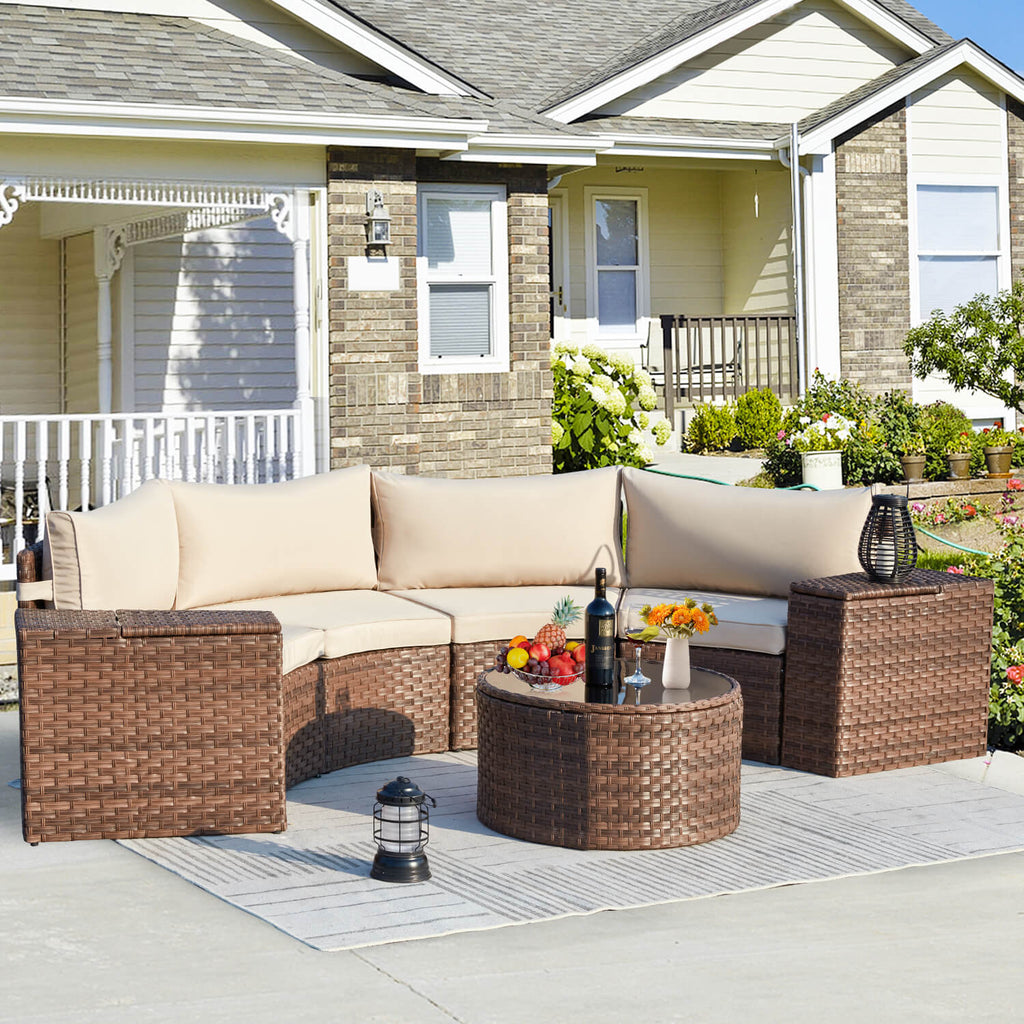 HOMREST Outdoor Patio Furniture Set, 7-Piece Half-Moon Wicker Patio Sofa Set with Storage Table, Brown & Beige