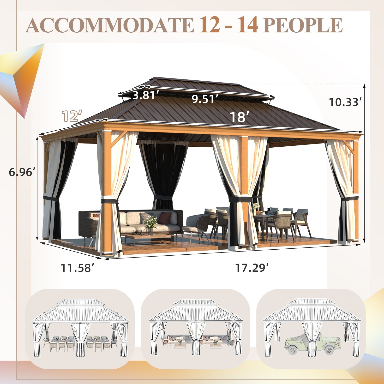 Homrest 12' x 18' Hardtop Gazebo with Aluminum Frame, Wood-Grain