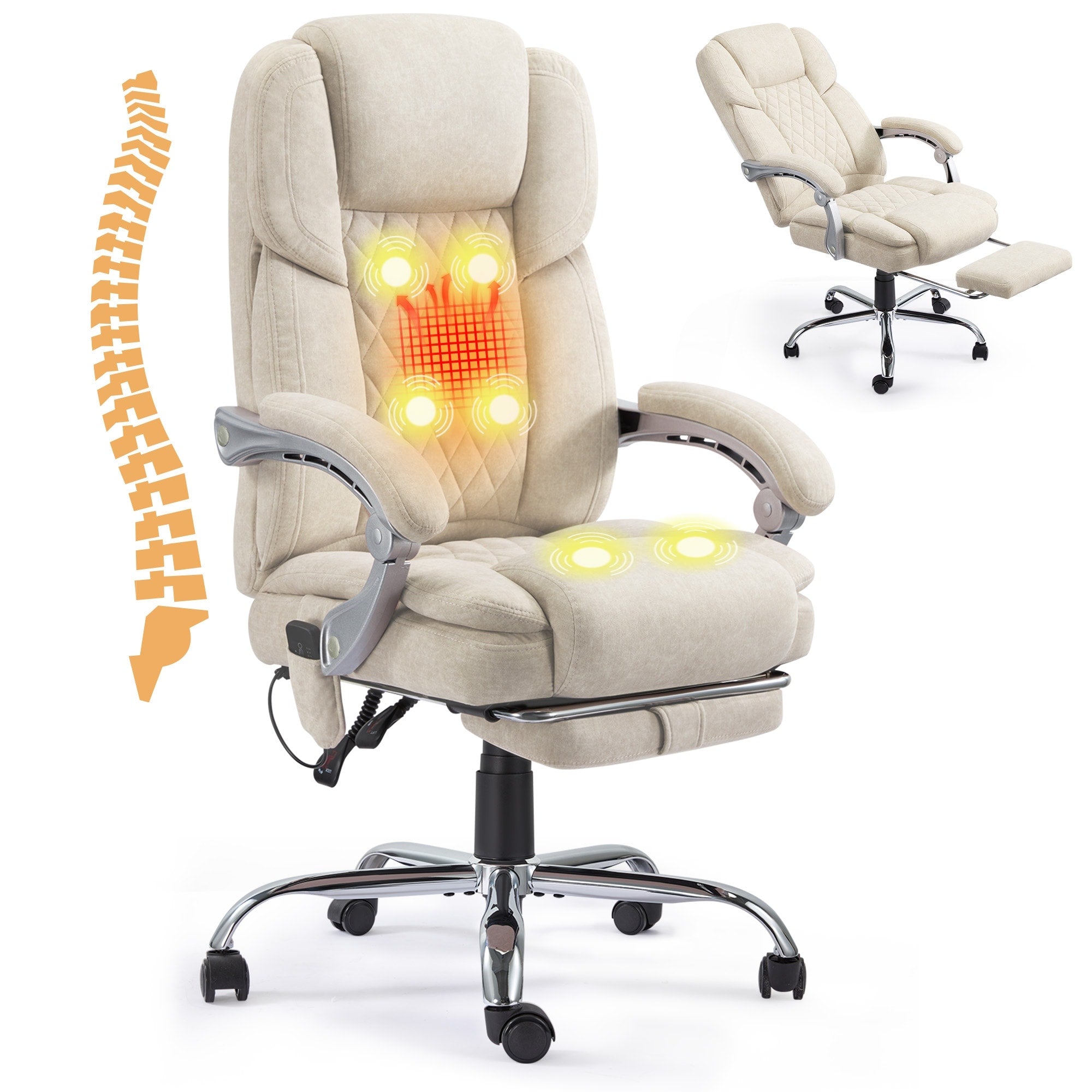 Homrest Beige High Back Chair, Comfortable Office Chair with Footrest, Heat and Masage