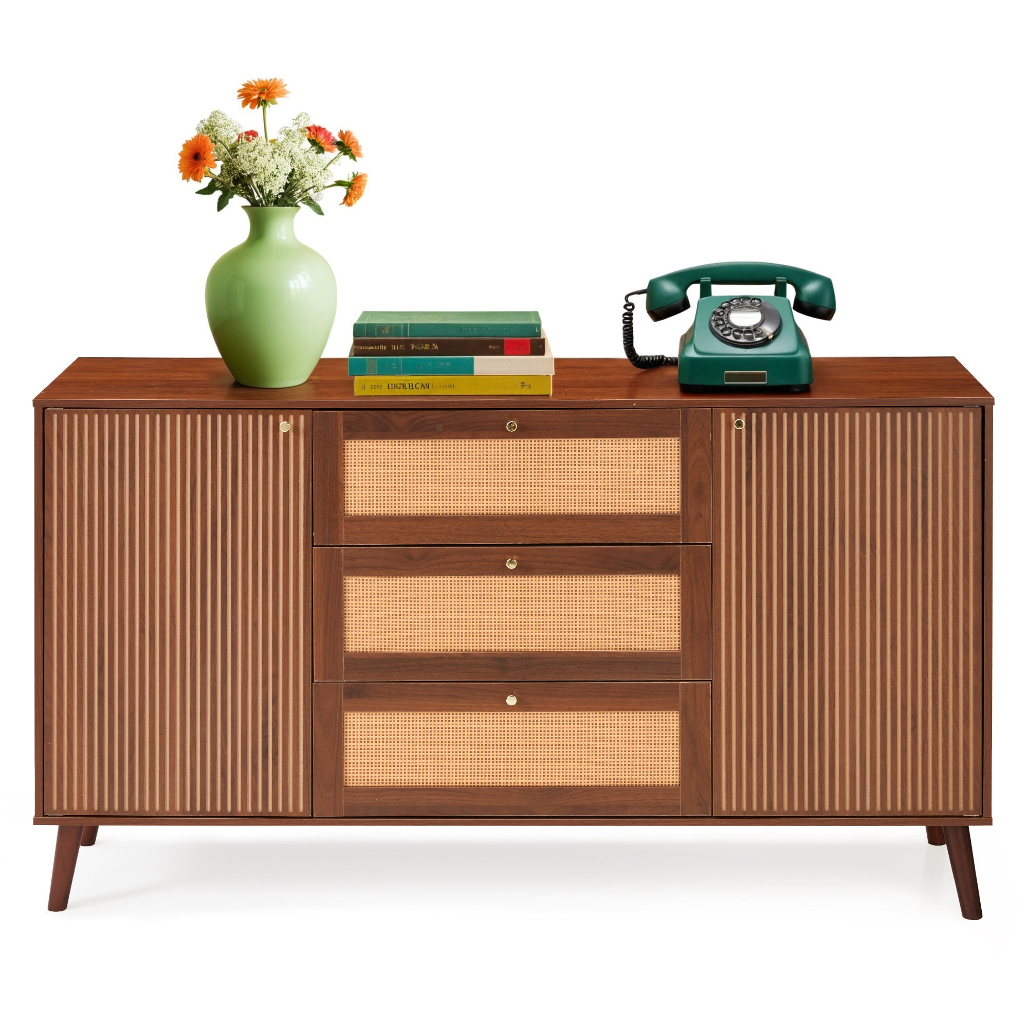 HOMREST  Solid Wood Sideboard Buffet Cabinet, Mid-Century Credenza for Living Room, Entryway, Walnut