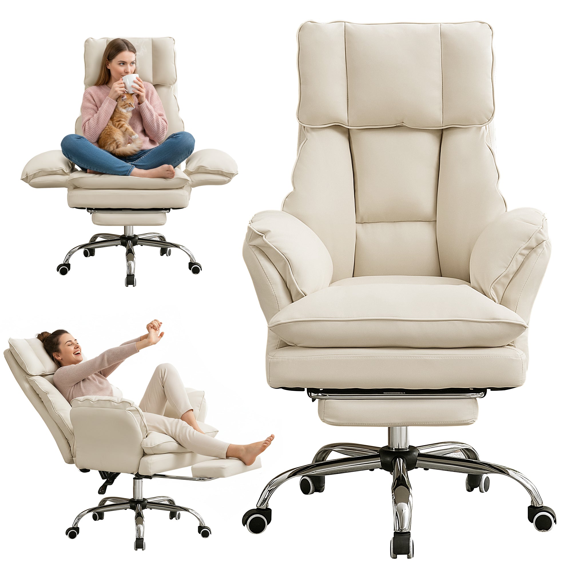 HOMREST Cloud Cross Legged Office Chair with Footrest,Leather Big and Tall Executive Ergonomic Chair,155° Reclining Computer Wide Desk Chair, Beige