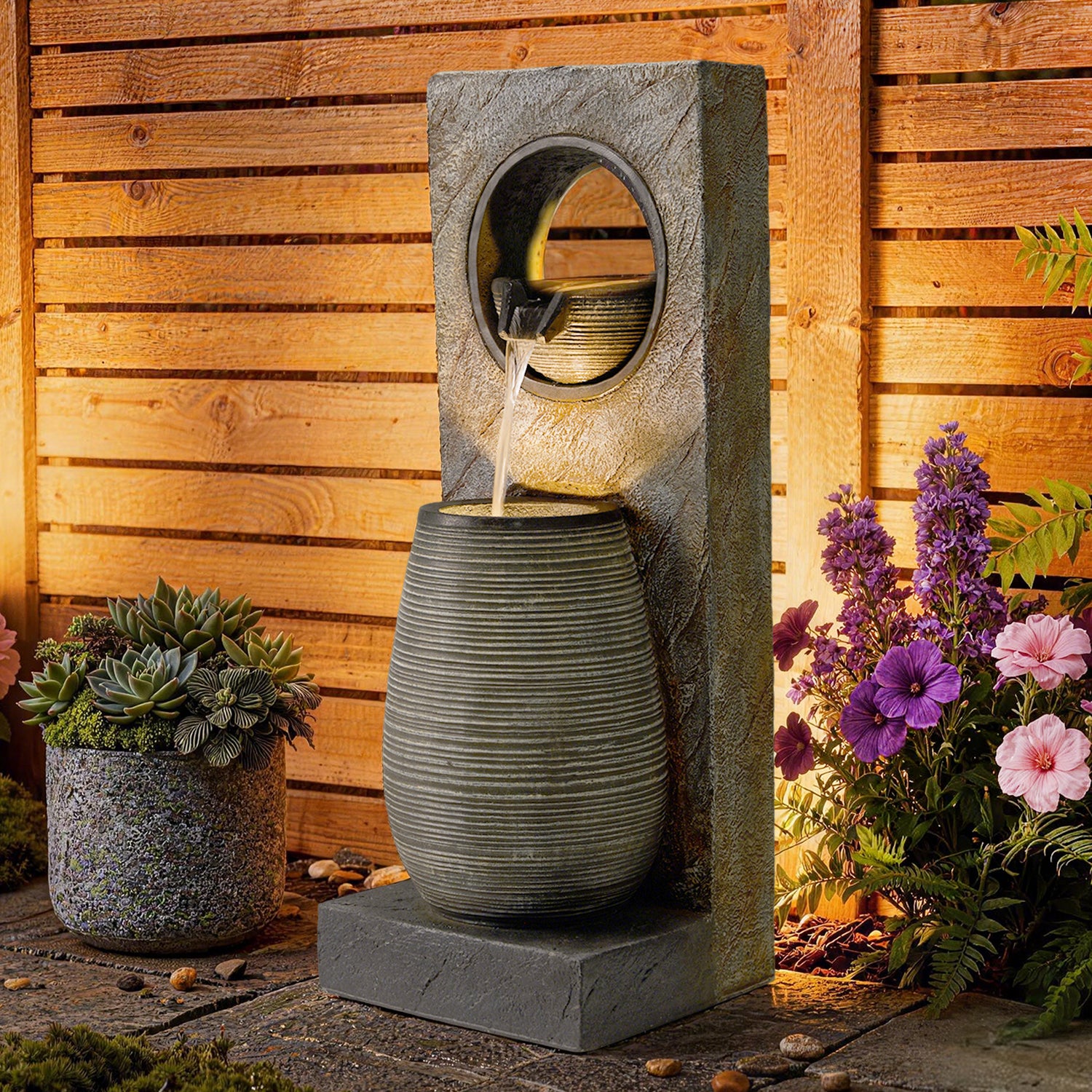 HOMREST 39.7" Water Fountain Outdoor with LED Lights – Resin Garden Fountain for Patio, Poolside, Deck & Indoor Use – Calming Flowing Water Sound for Relaxation – Easy Assembly