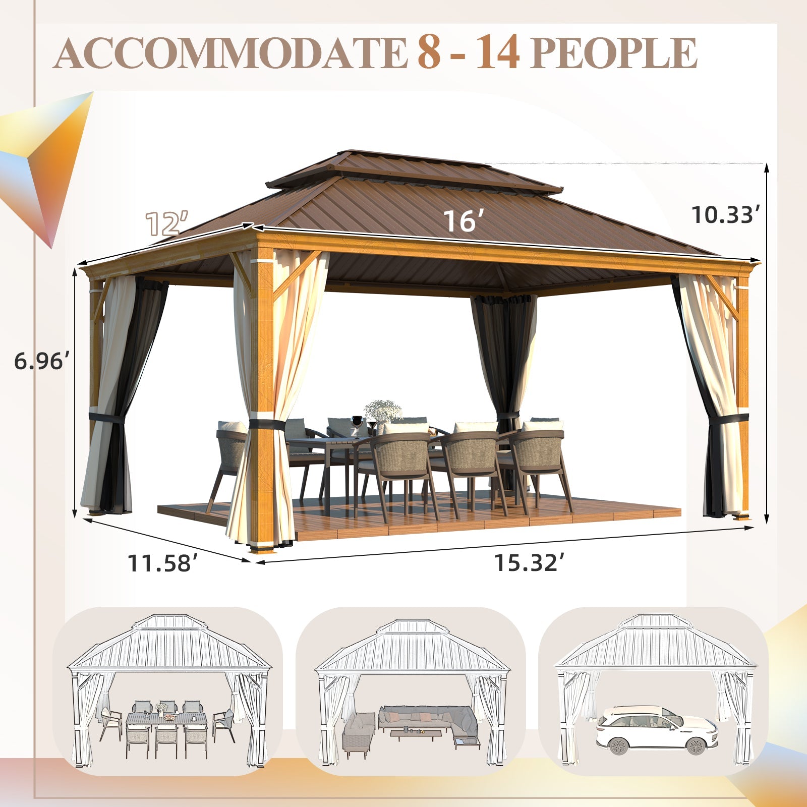 Homrest 12' x 16' Hardtop Gazebo with Aluminum Frame, Wood-Grain